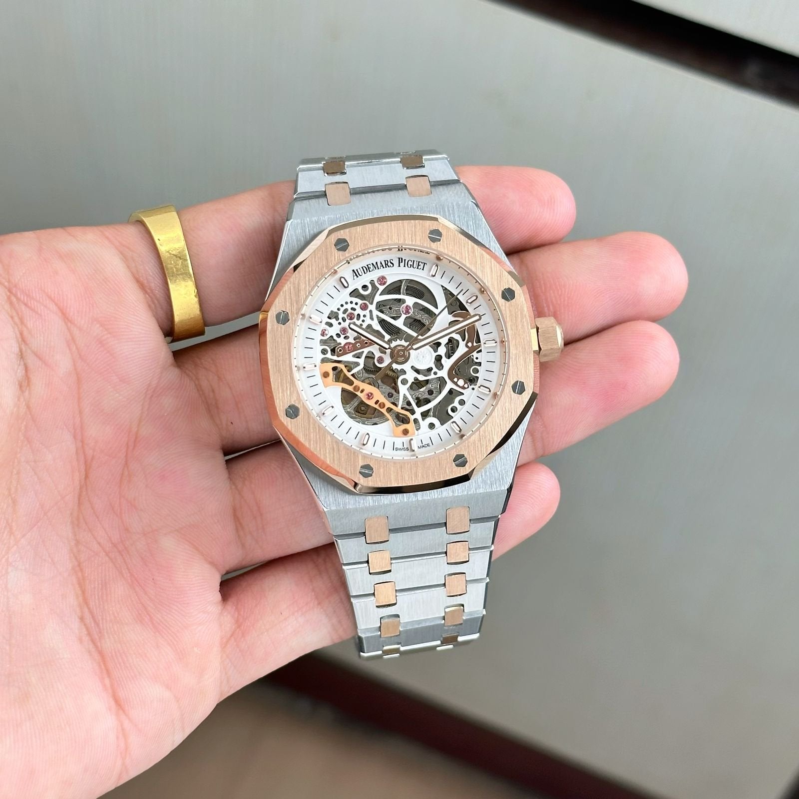 Premium Two-Tone Stainless Steel Skeleton Automatic Watch Silver & Rose Gold Open-Work Dial Luxury Watch – Men
