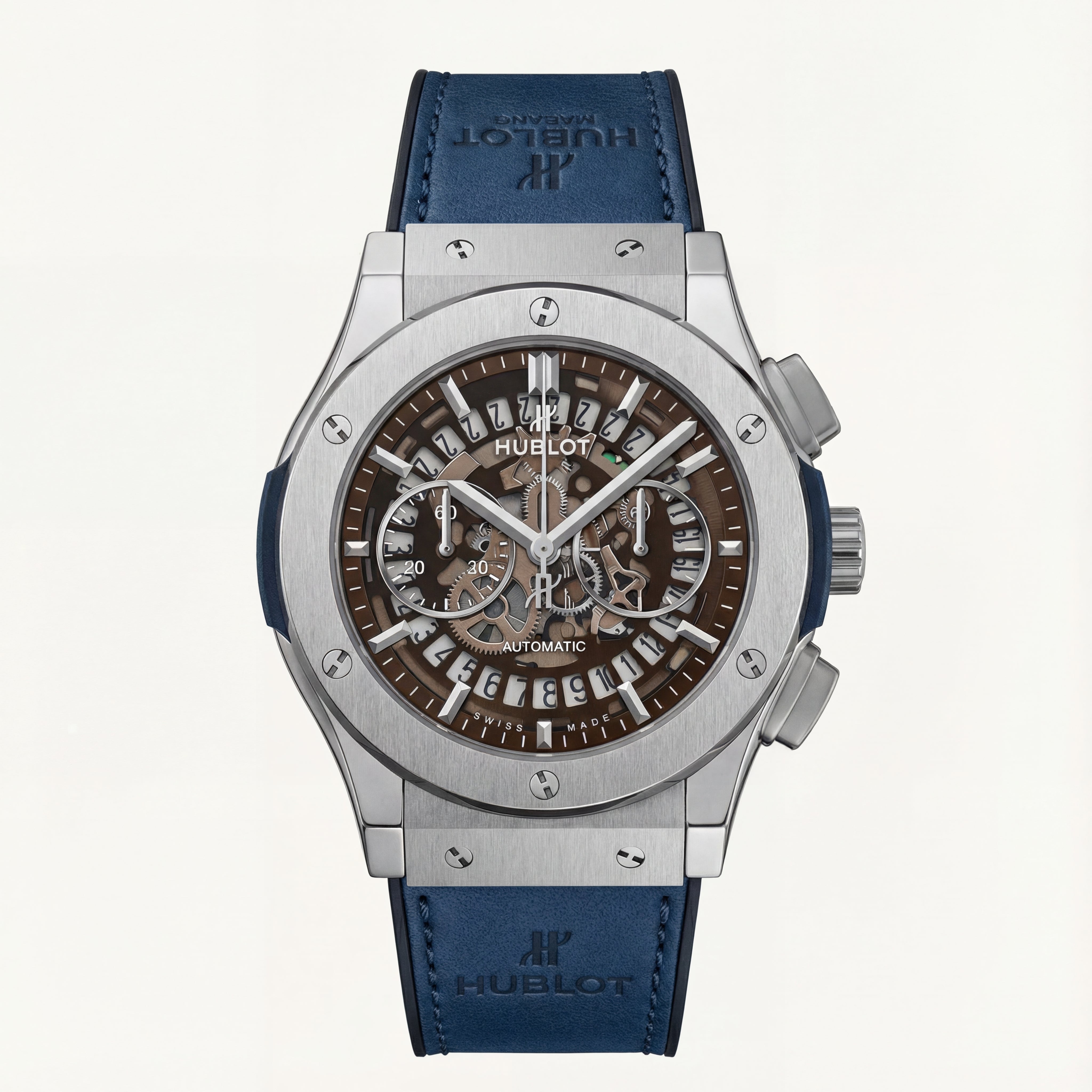 Skeleton Chronograph Watch – Grey Steel Case with Blue Strap
