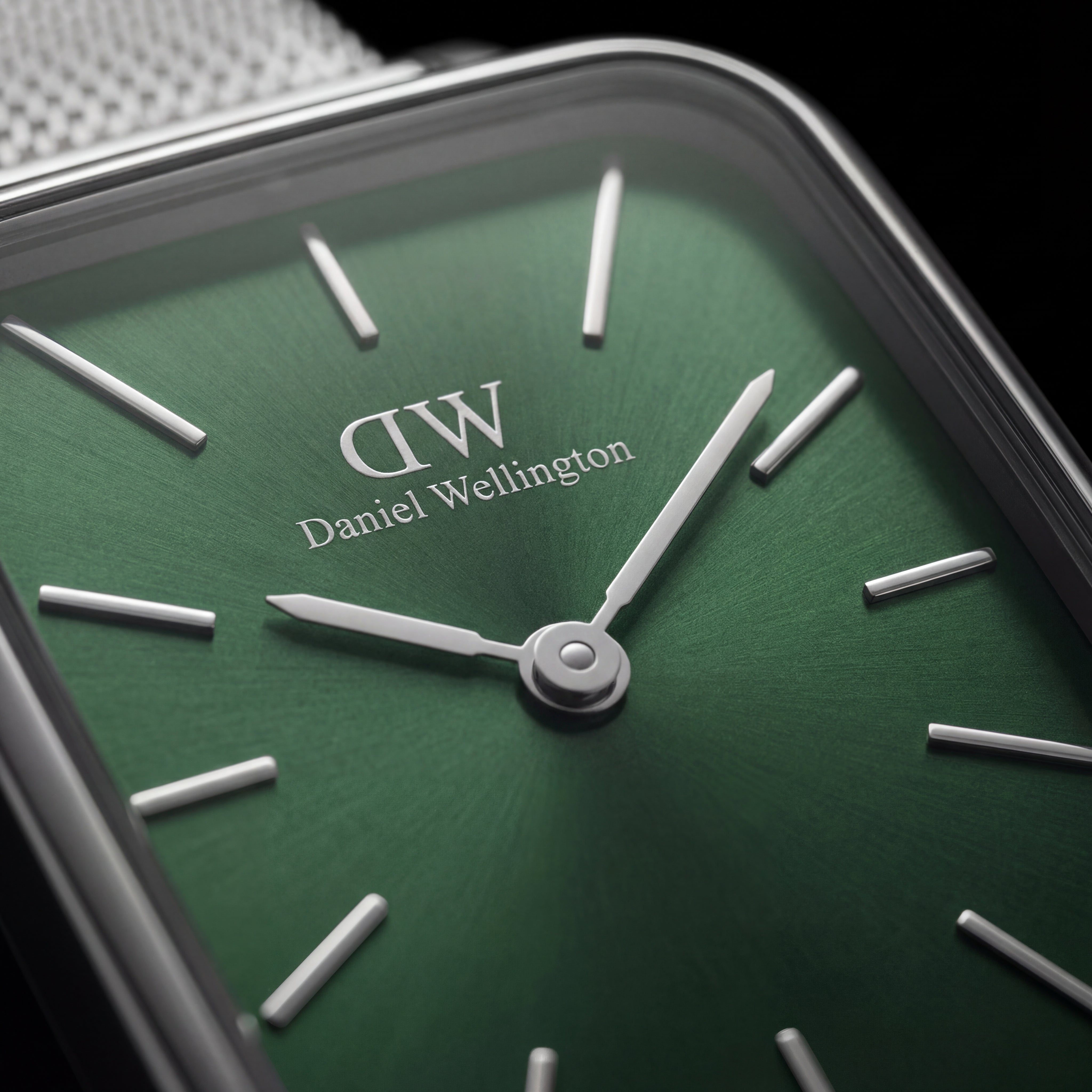 Emerald Green Rectangular Dial Silver Mesh Strap Minimal Watch