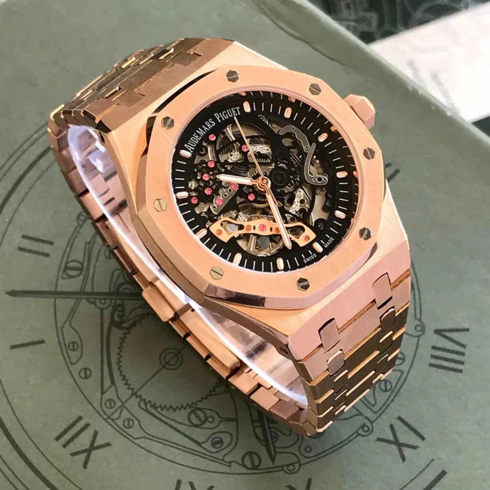 Premium Rose Gold Stainless Steel Skeleton Automatic Watch Open-Work Dial Octagonal Bezel Luxury Watch – Men