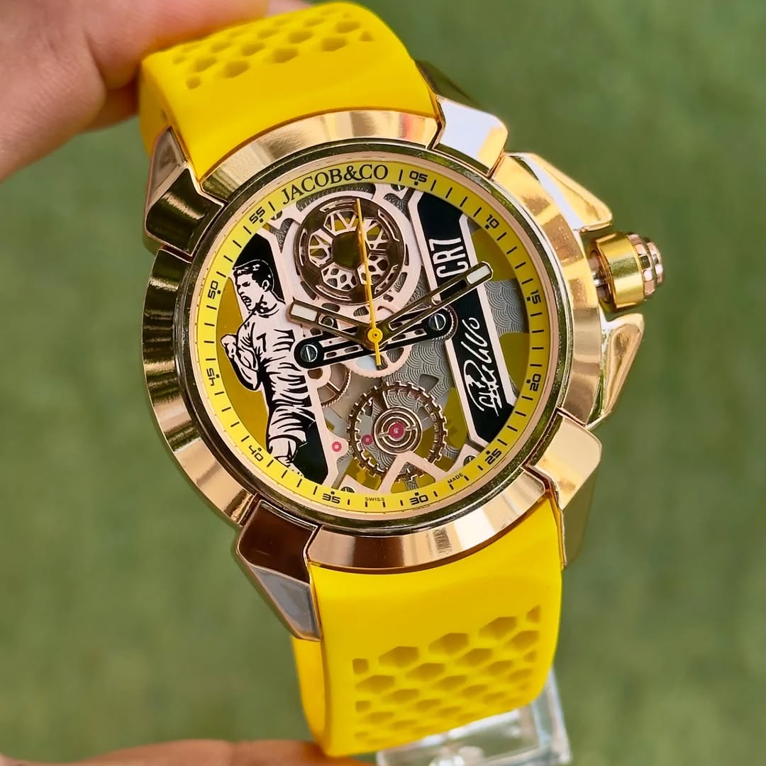 Premium Gold Stainless Steel Skeleton Sport Watch Yellow Silicone Strap Racing Style Luxury Watch – Men