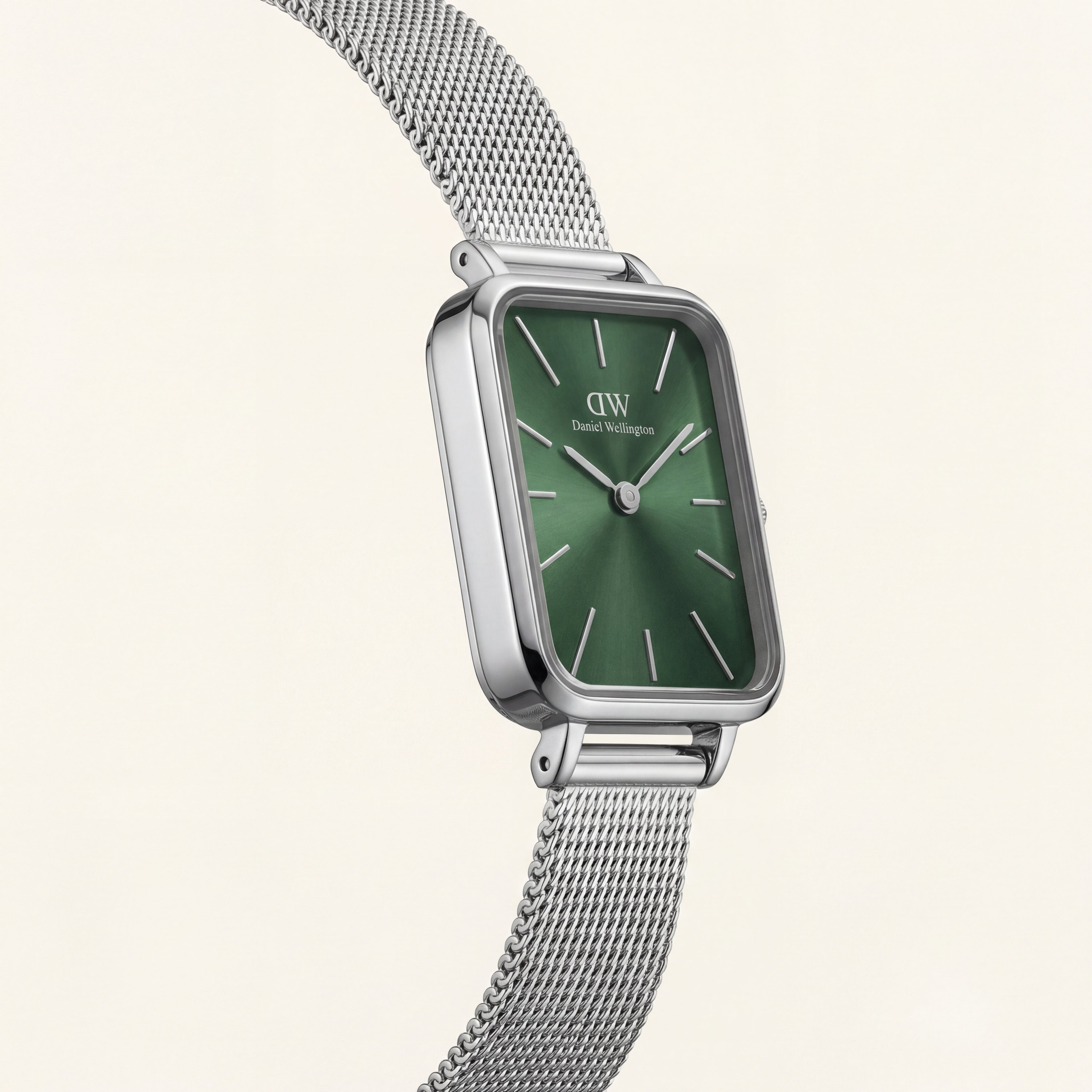 Emerald Green Rectangular Dial Silver Mesh Strap Minimal Watch
