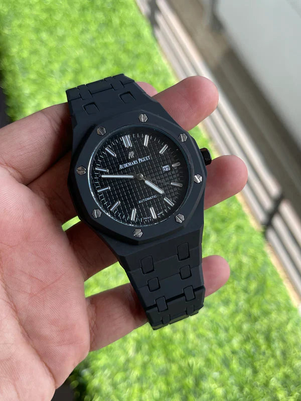 Premium Black Stainless Steel Automatic Watch Black Textured Dial Integrated Bracelet Luxury Watch – Men