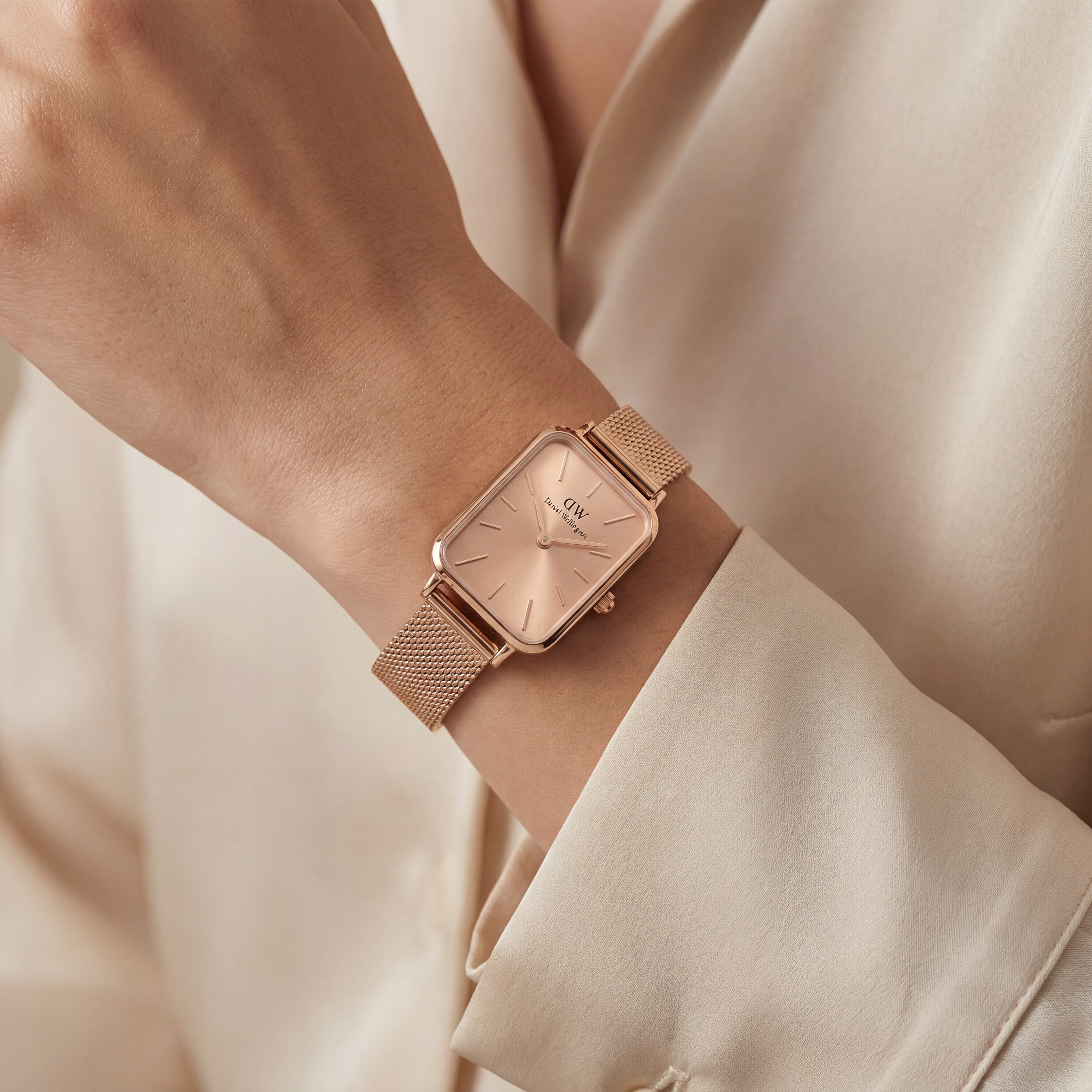 Rose Gold Rectangular Champagne Sunray Dial Mesh Strap Watch