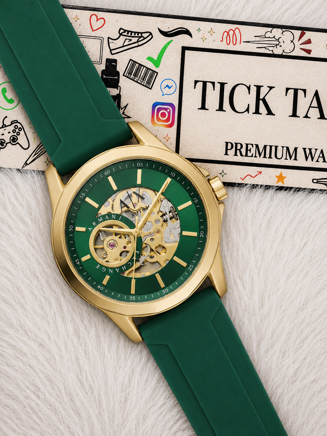 Gold Skeleton Automatic Dial Green Silicone Strap Men’s Watch