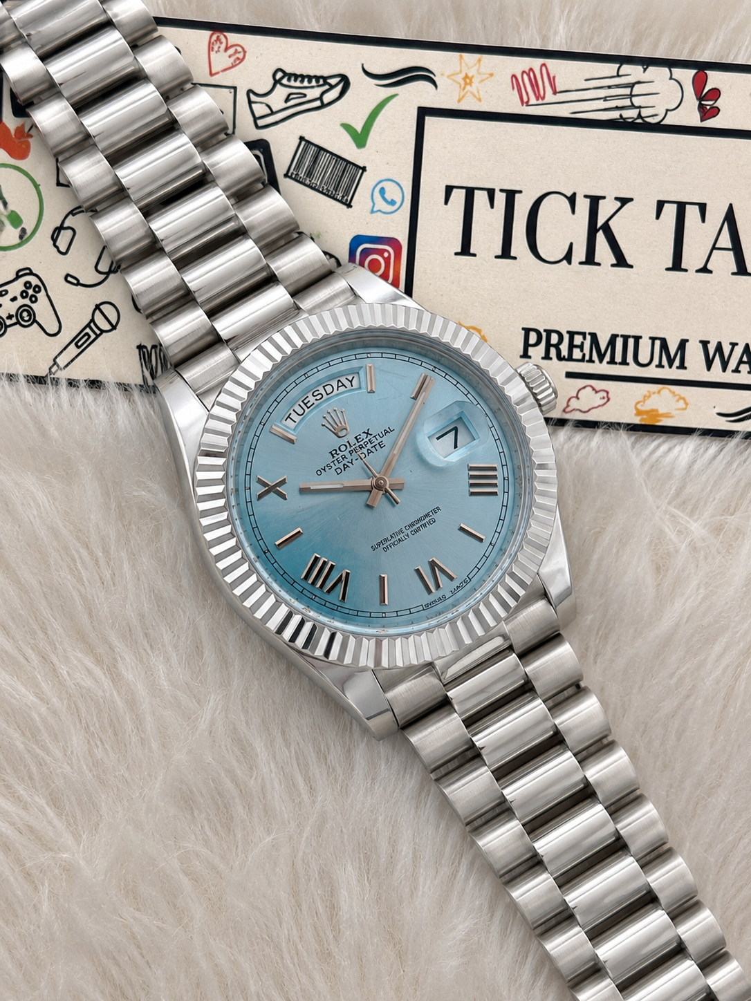 Ice Blue Fluted Steel Day-Date Watch