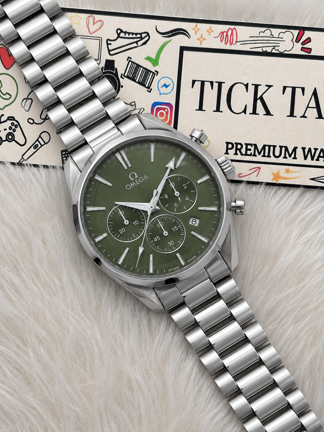 Luxury Silver Stainless Steel Chronograph Watch Olive Green Dial Baton Markers Multi-Subdial Date Display – Men