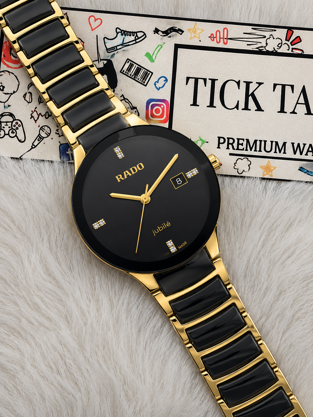 Black & Gold Ceramic Round Watch – Diamond Marker Edition