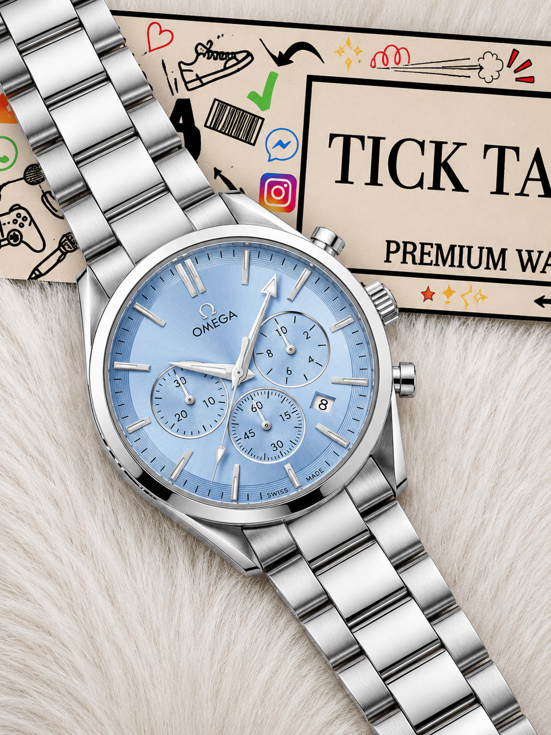 Luxury Silver Stainless Steel Chronograph Watch Ice Blue Dial Baton Markers Multi-Subdial Date Display – Men