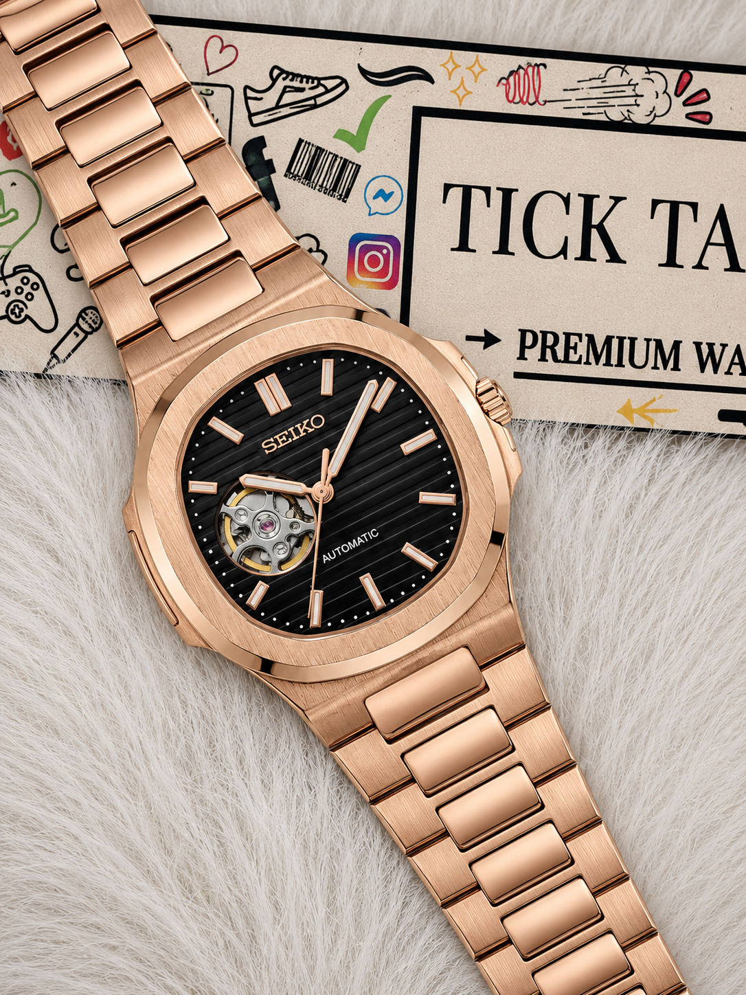 Rose Gold Black Dial Open-Heart Automatic Watch