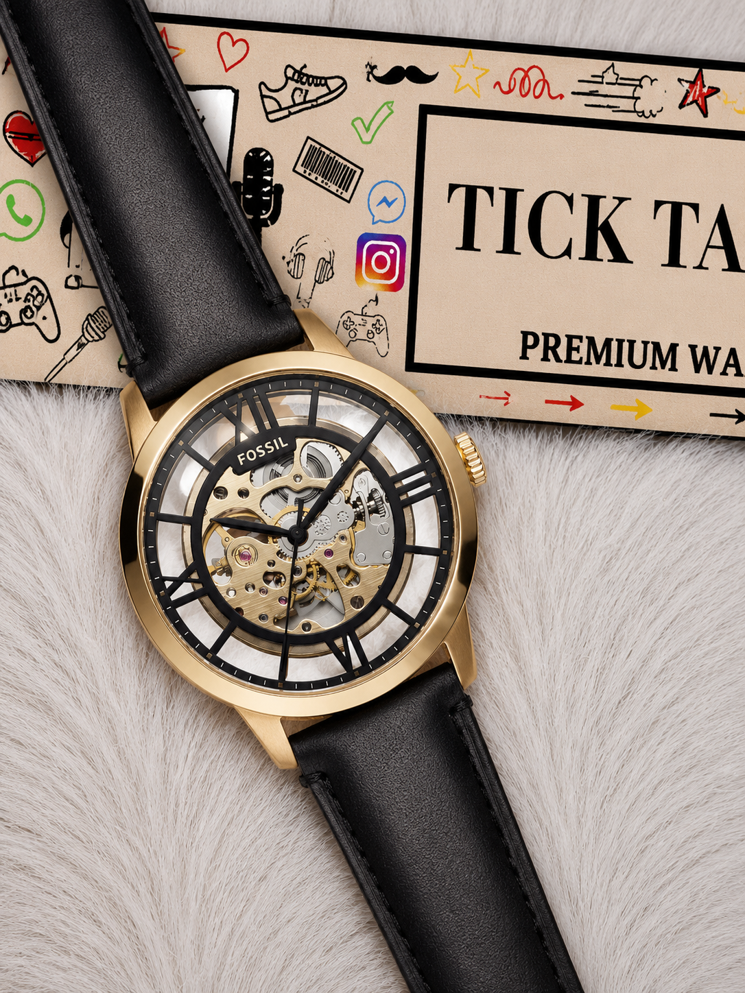 Gold Skeleton Automatic Men’s Watch with Black Leather Strap
