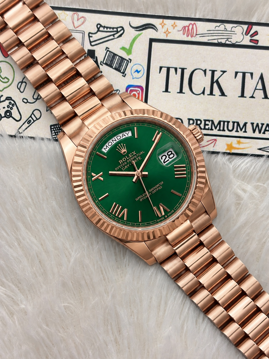 Rose Gold Day-Date President-Style Luxury Men’s Watch with Emerald Green Dial