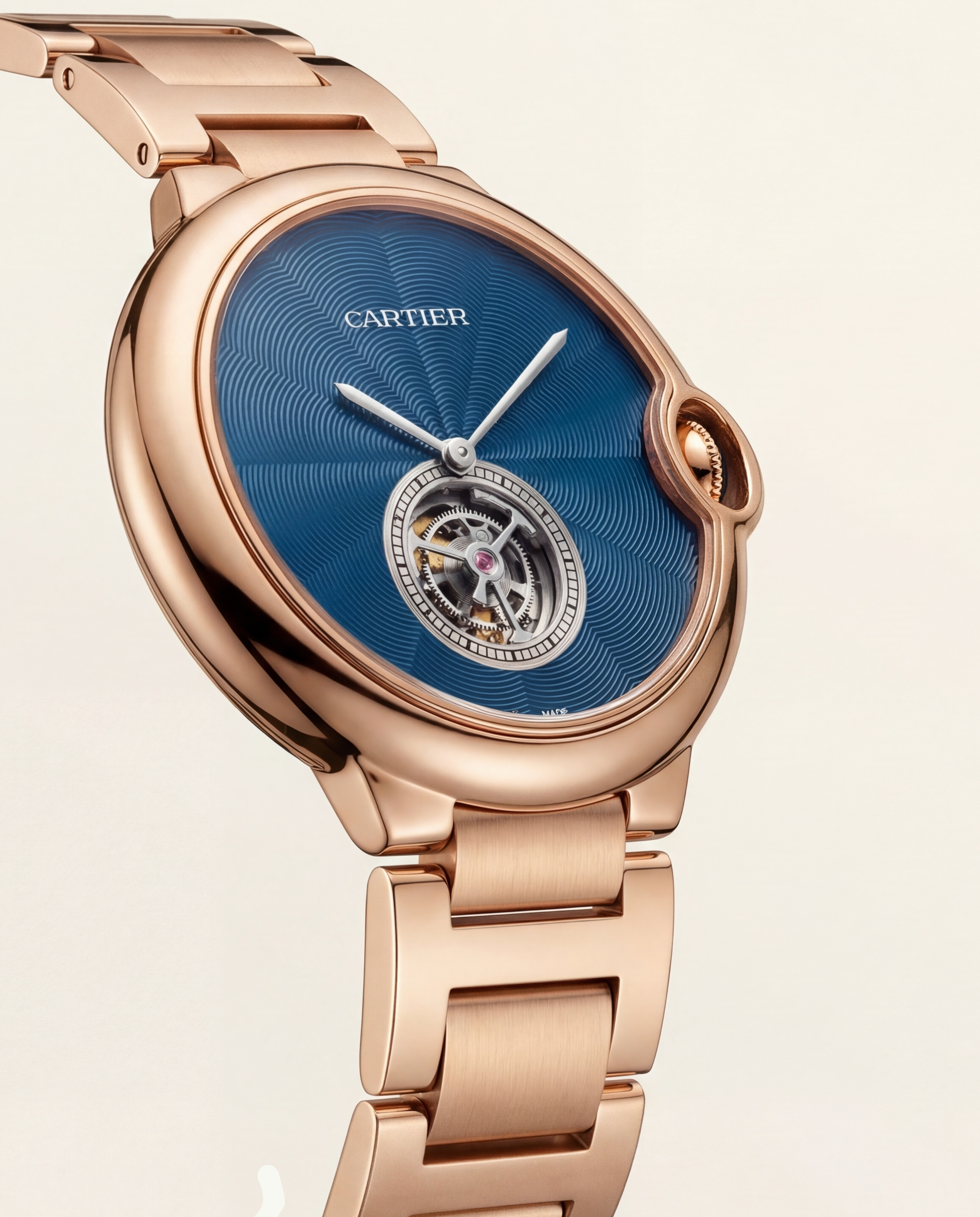 Rose Gold Open Heart Luxury Watch with Blue Textured Dial
