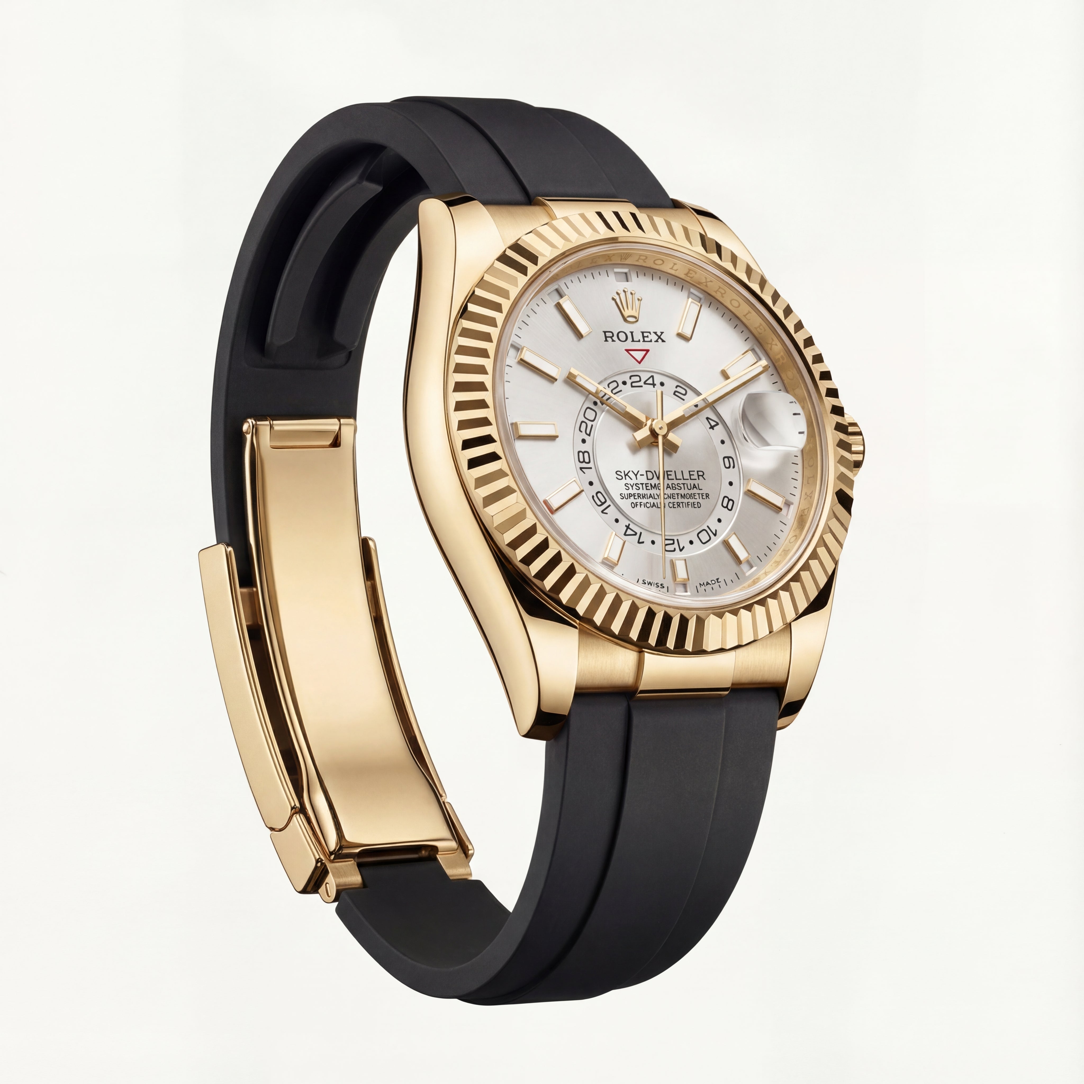 Gold Fluted Bezel White Dial Luxury Men’s Watch with Rubber Strap