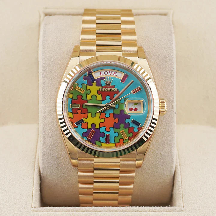 Premium Gold Stainless Steel Watch Sky Blue Multicolor Puzzle Dial Fluted Bezel Statement Luxury Watch – Men