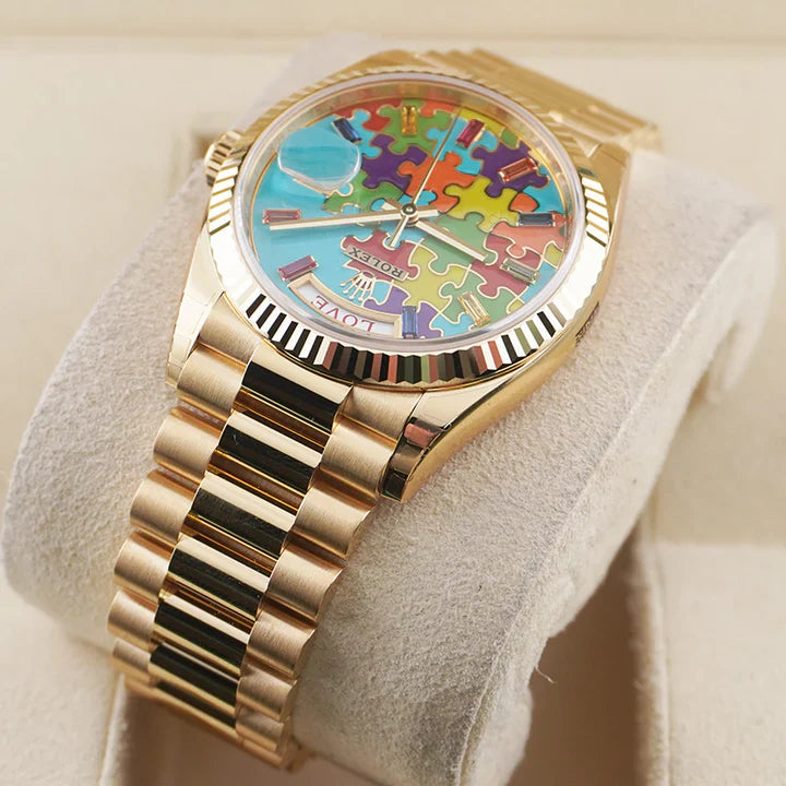 Premium Gold Stainless Steel Watch Sky Blue Multicolor Puzzle Dial Fluted Bezel Statement Luxury Watch – Men