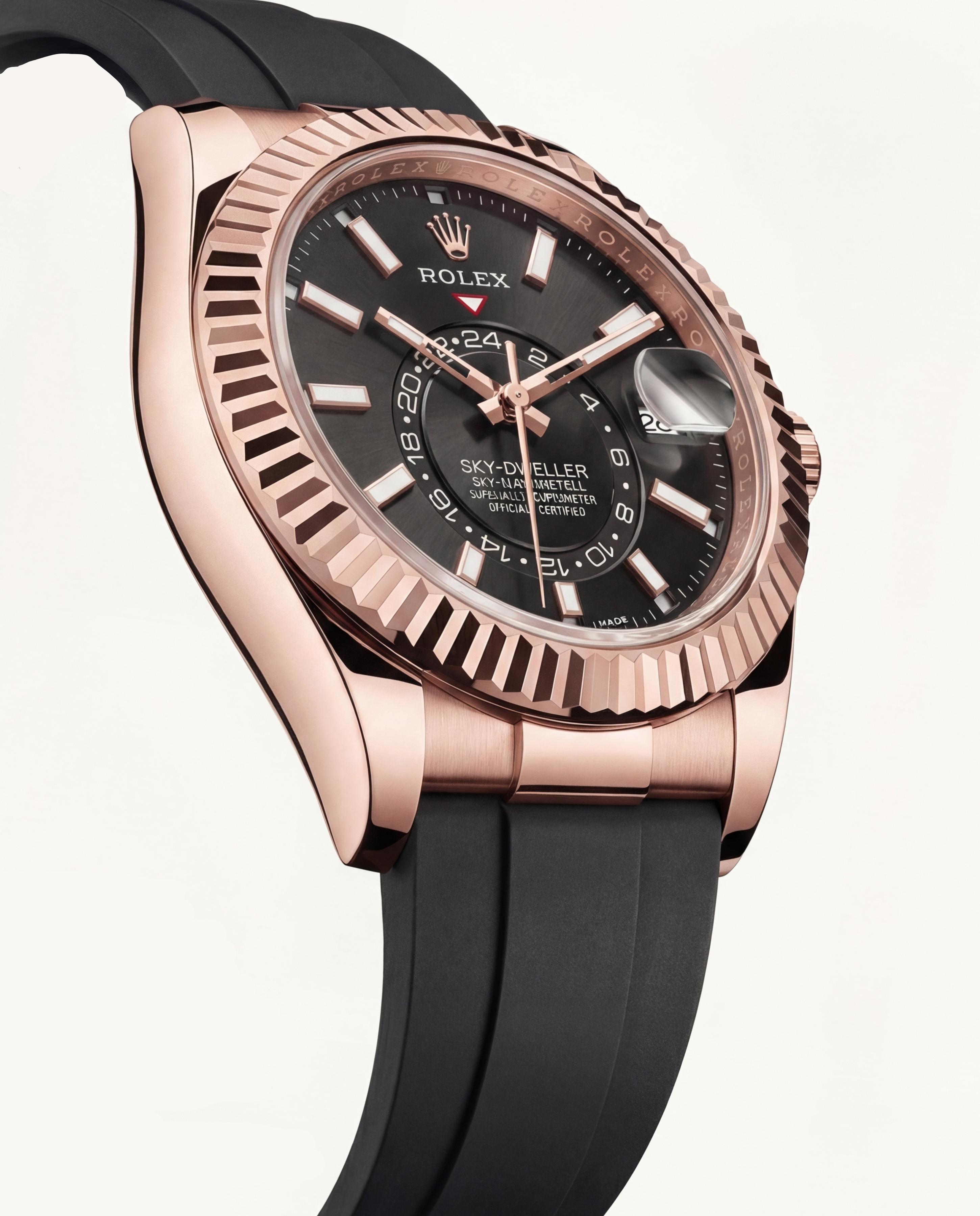 Rose Gold Black Dial Fluted Bezel Premium Men’s Watch with Rubber Strap