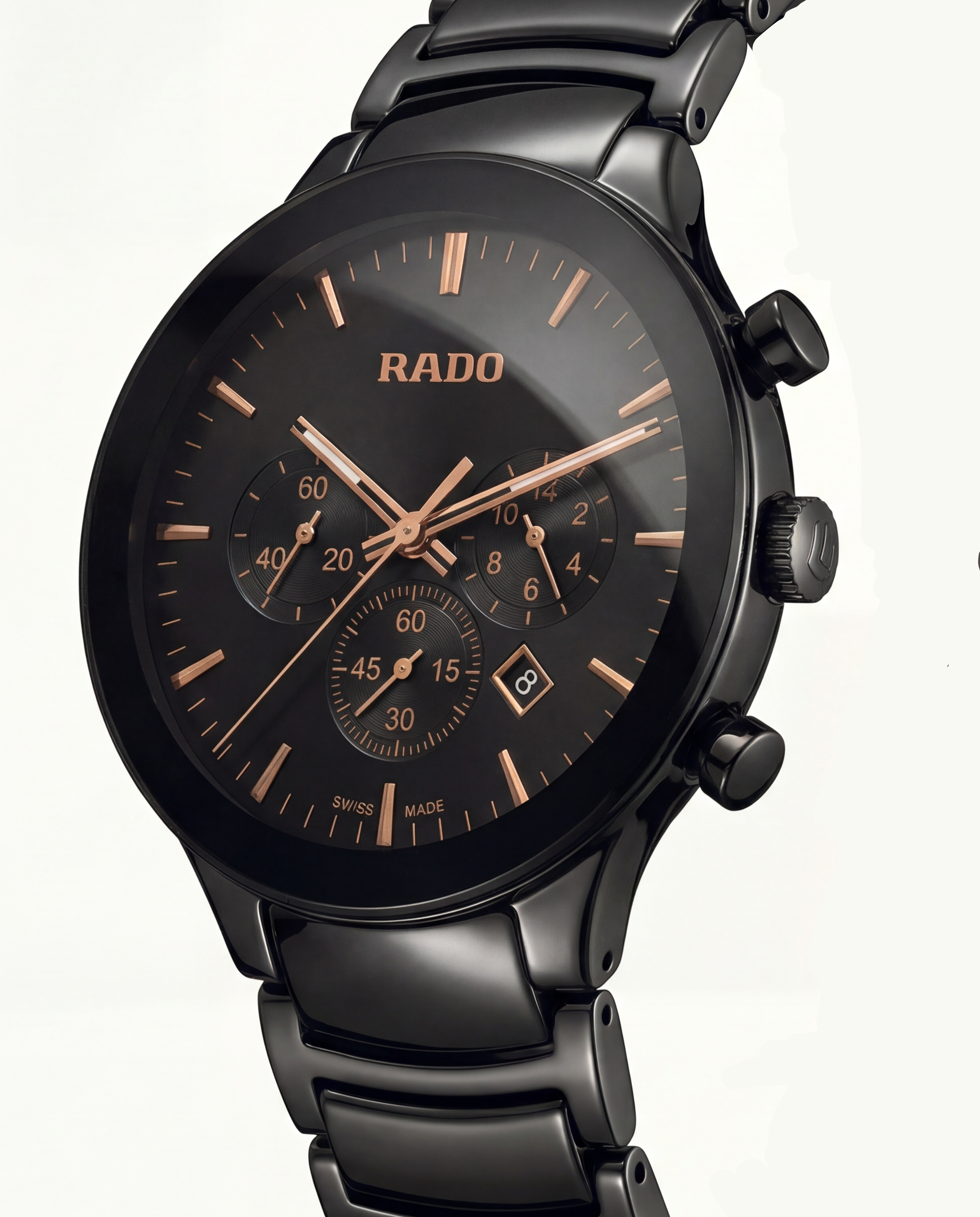 Luxury Chronograph Men’s Watch with Black Dial & Rose Gold Accents