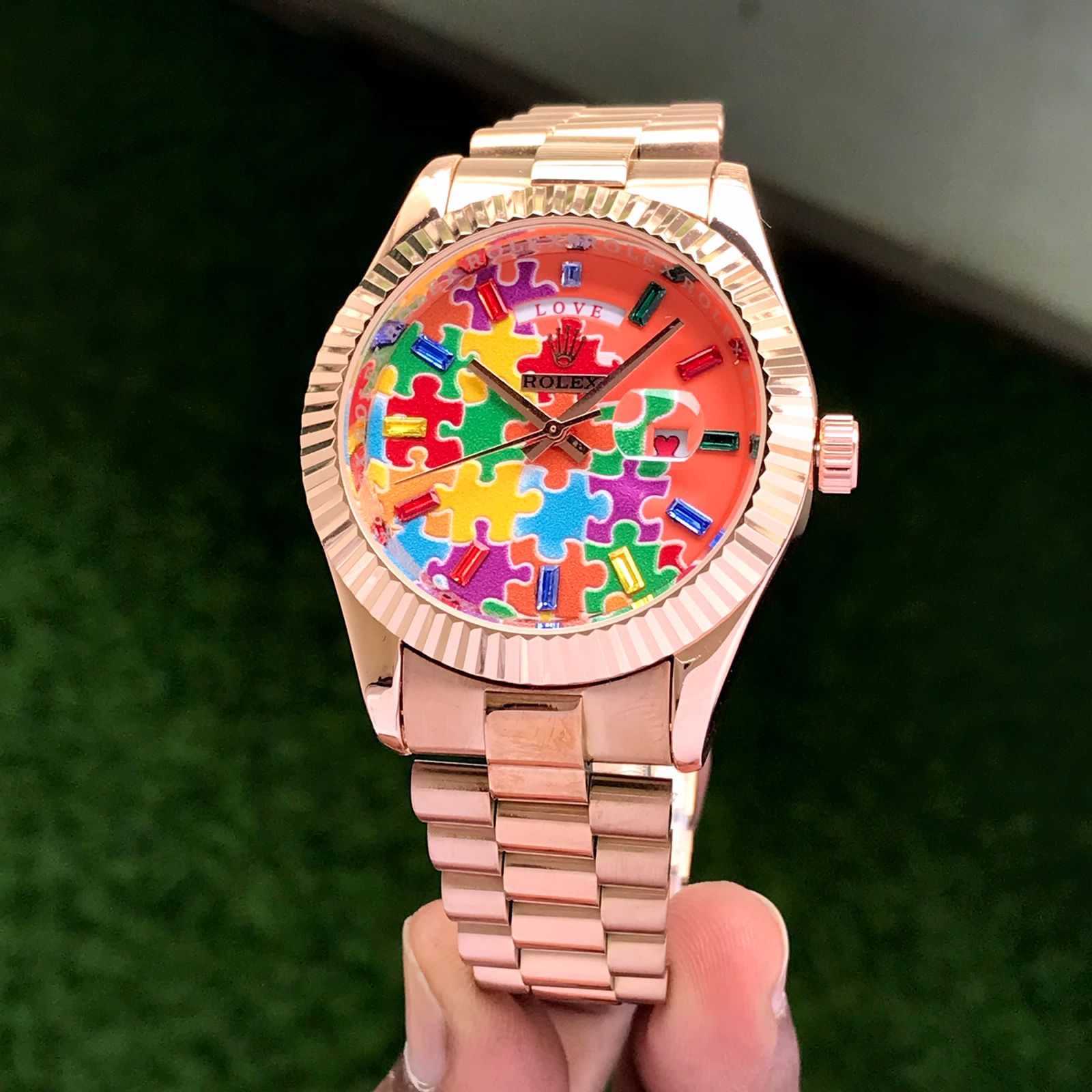 Premium Rose Gold Stainless Steel Watch Multicolor Puzzle Dial Fluted Bezel Statement Luxury Watch – Men
