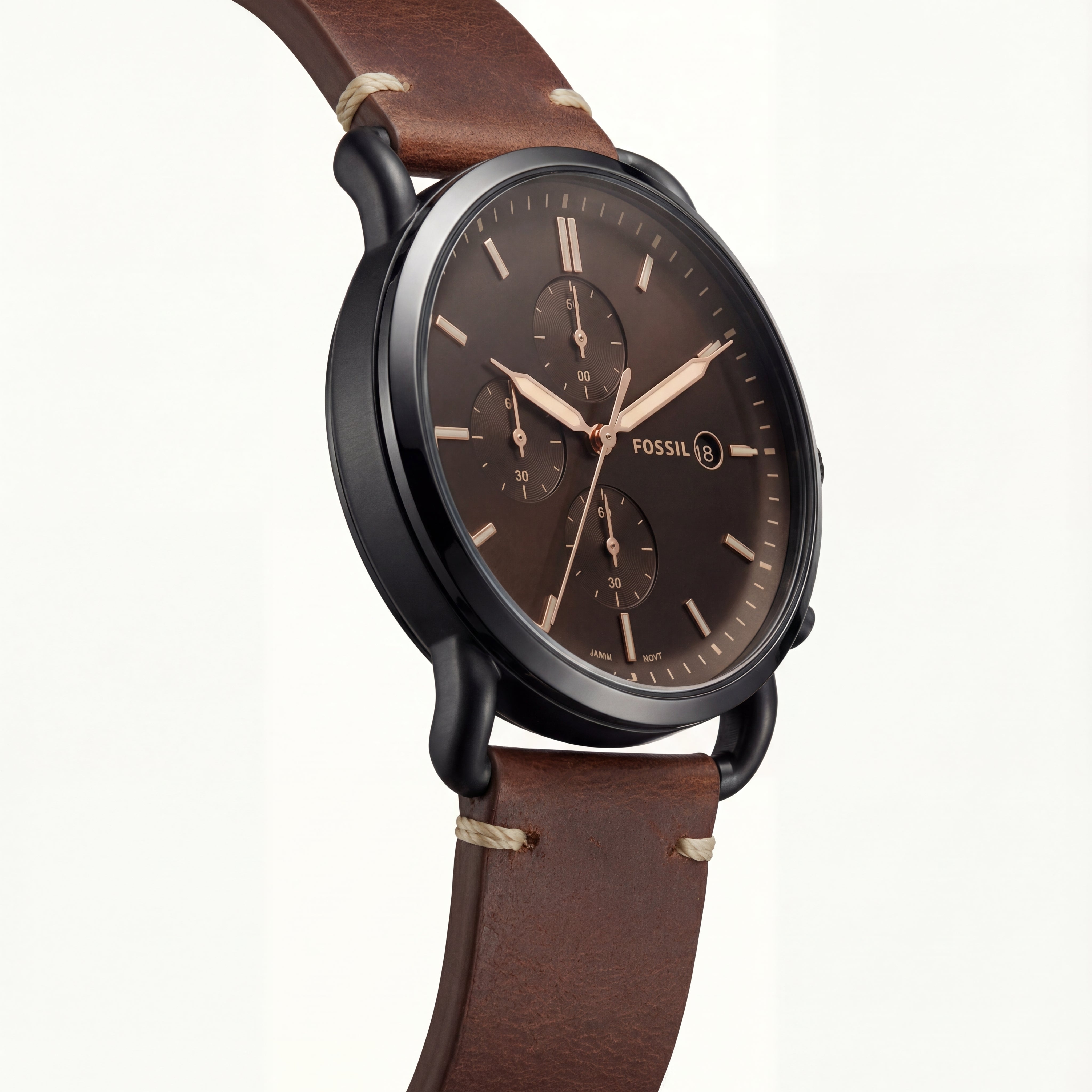 Vintage Brown Chronograph Black Dial Leather Strap Men’s Watch
