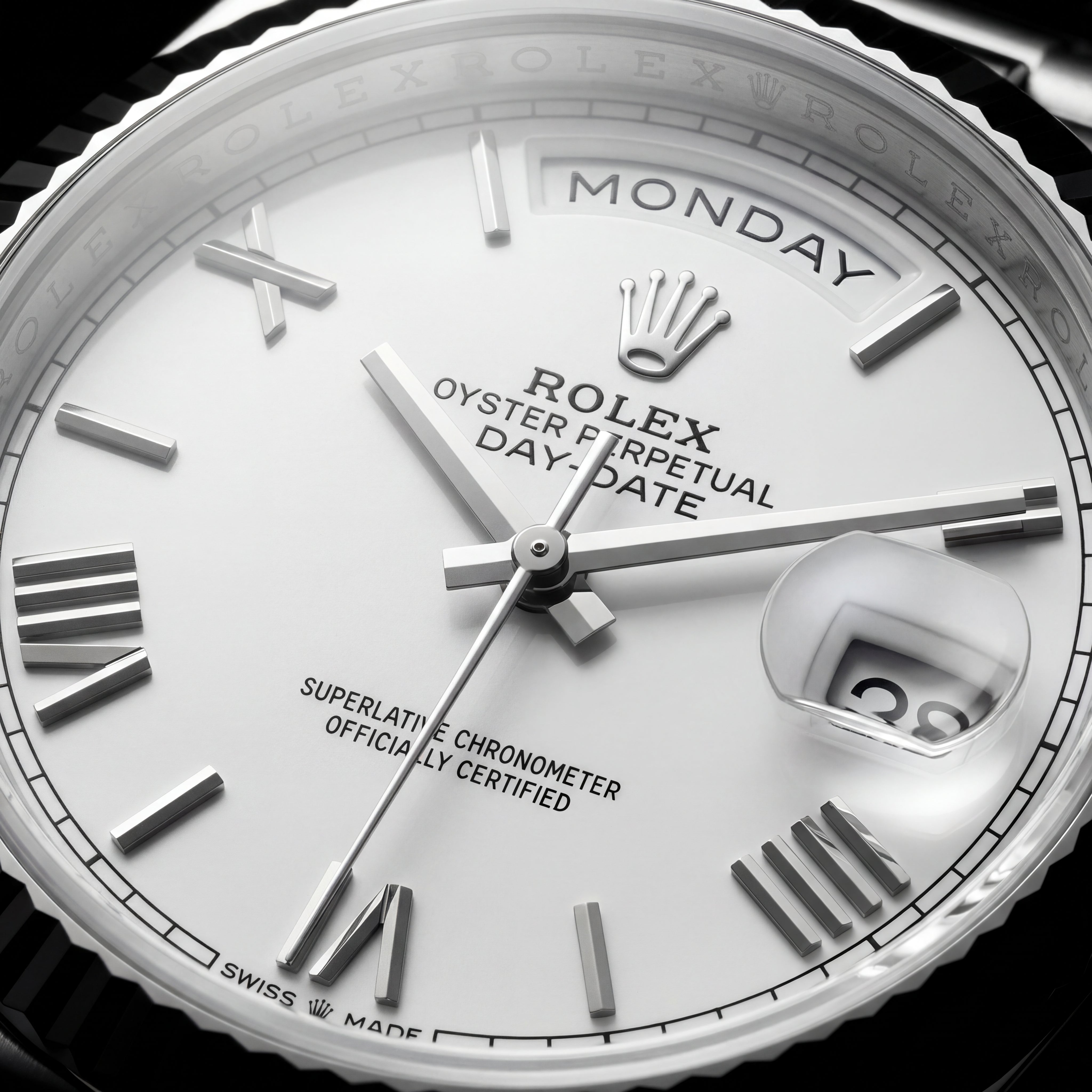 Classic White Dial Fluted Steel Day-Date Watch