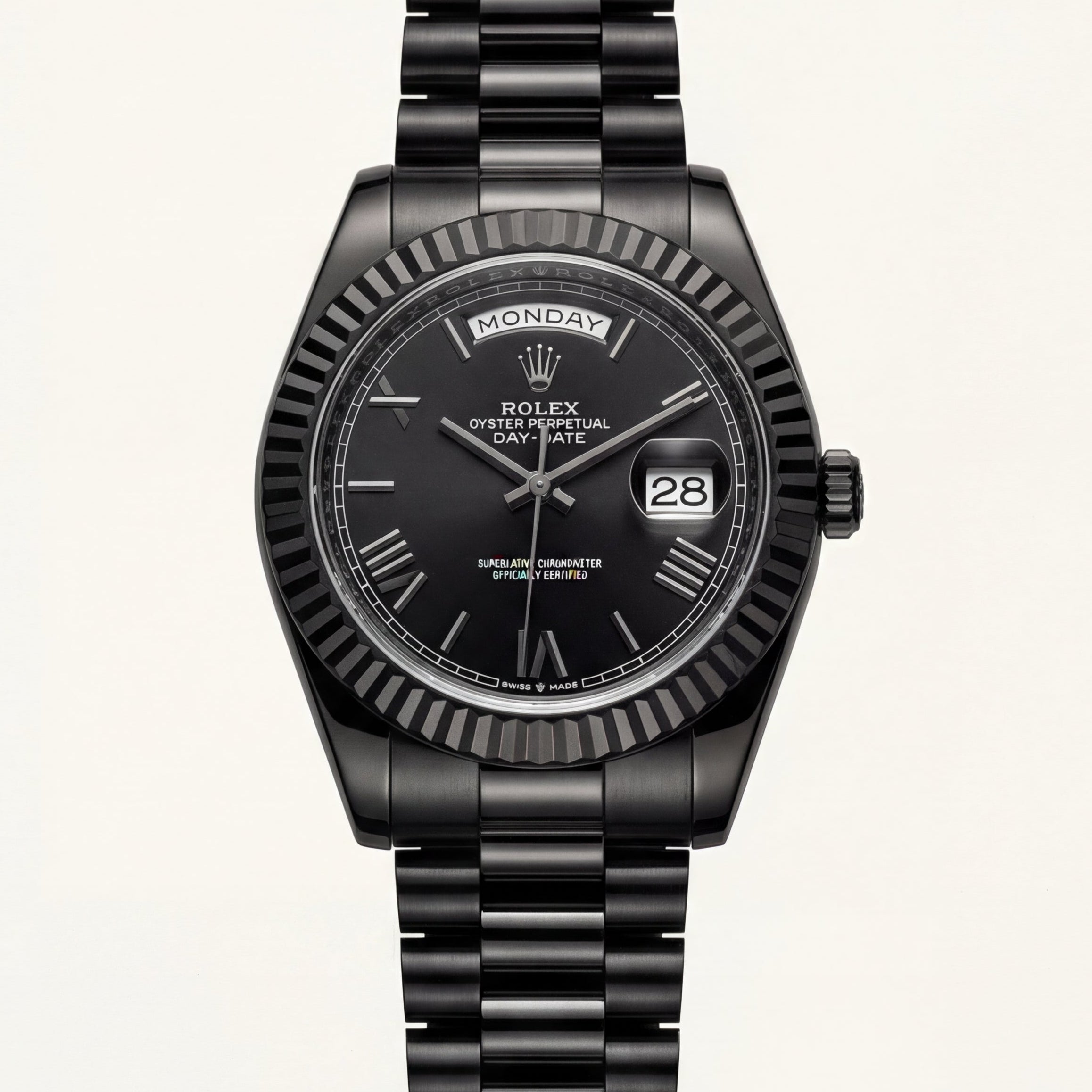 Midnight Black Fluted Bezel Day-Date Steel Watch