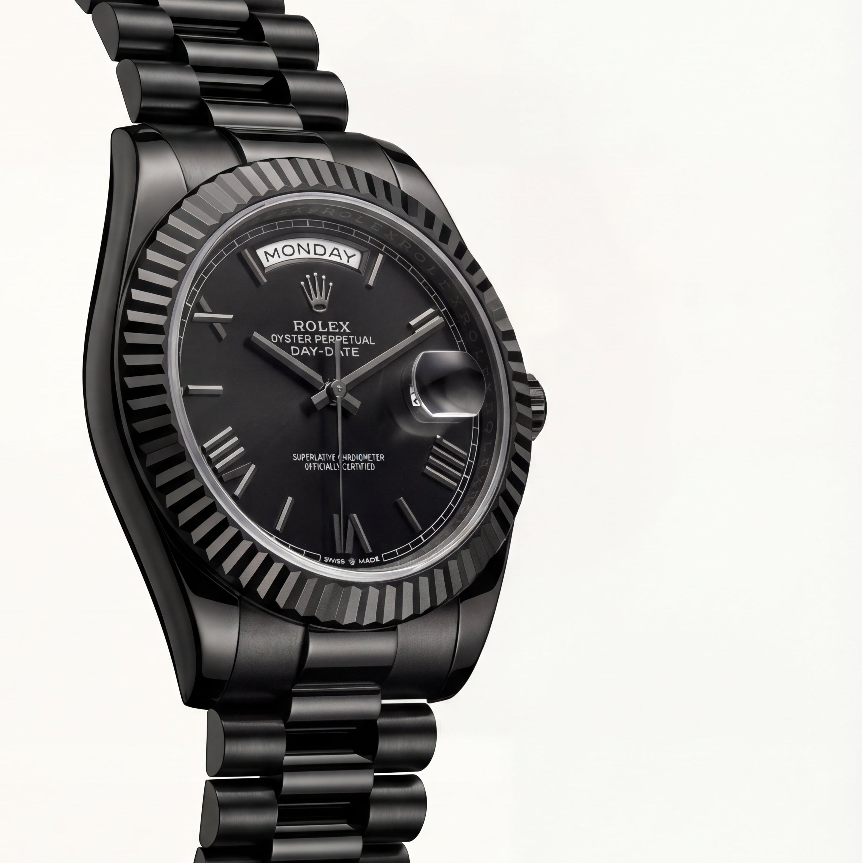 Midnight Black Fluted Bezel Day-Date Steel Watch