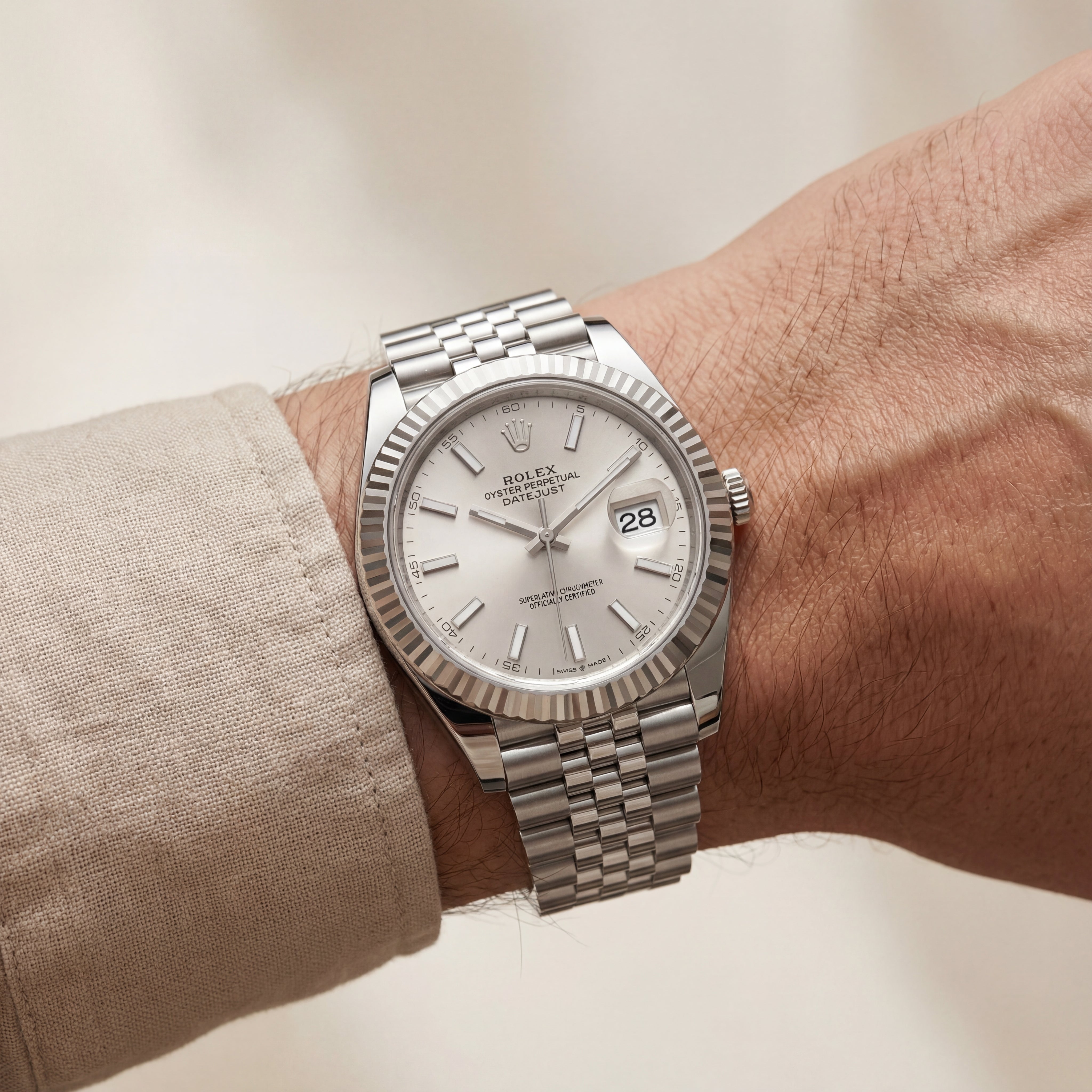 Platinum Silver Textured Dial Automatic Steel Watch