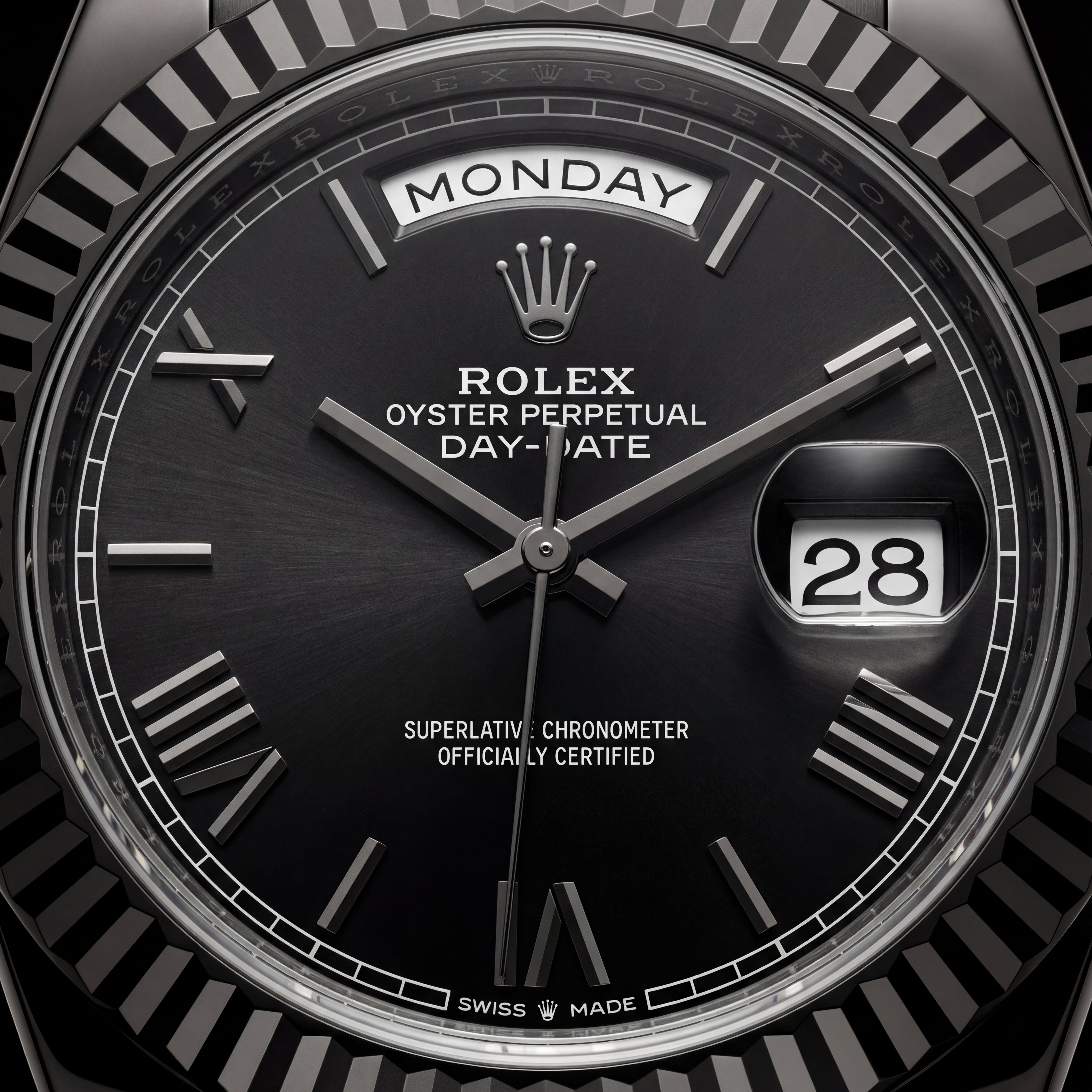Midnight Black Fluted Bezel Day-Date Steel Watch