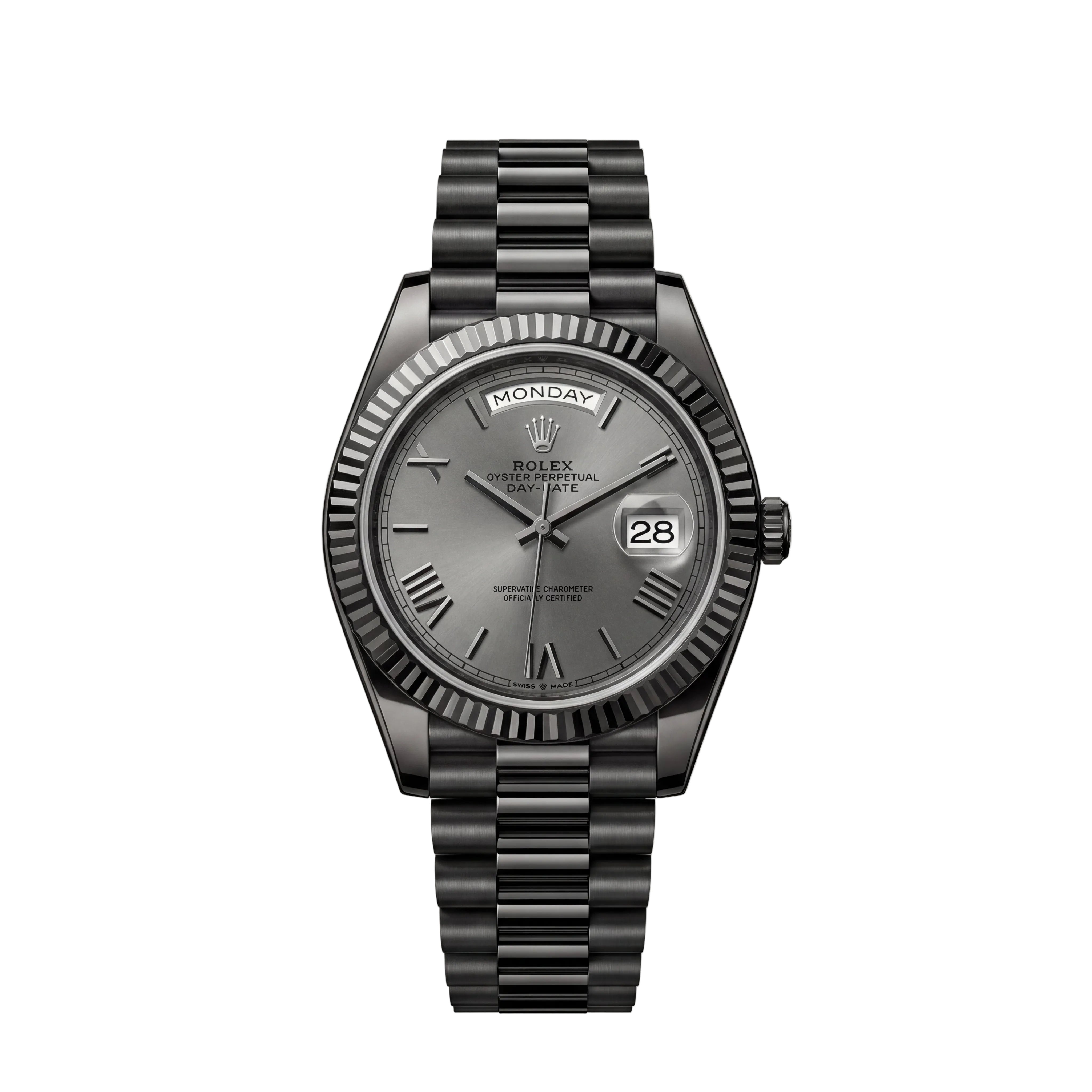 Slate Grey Fluted Bezel Day-Date Steel Watch
