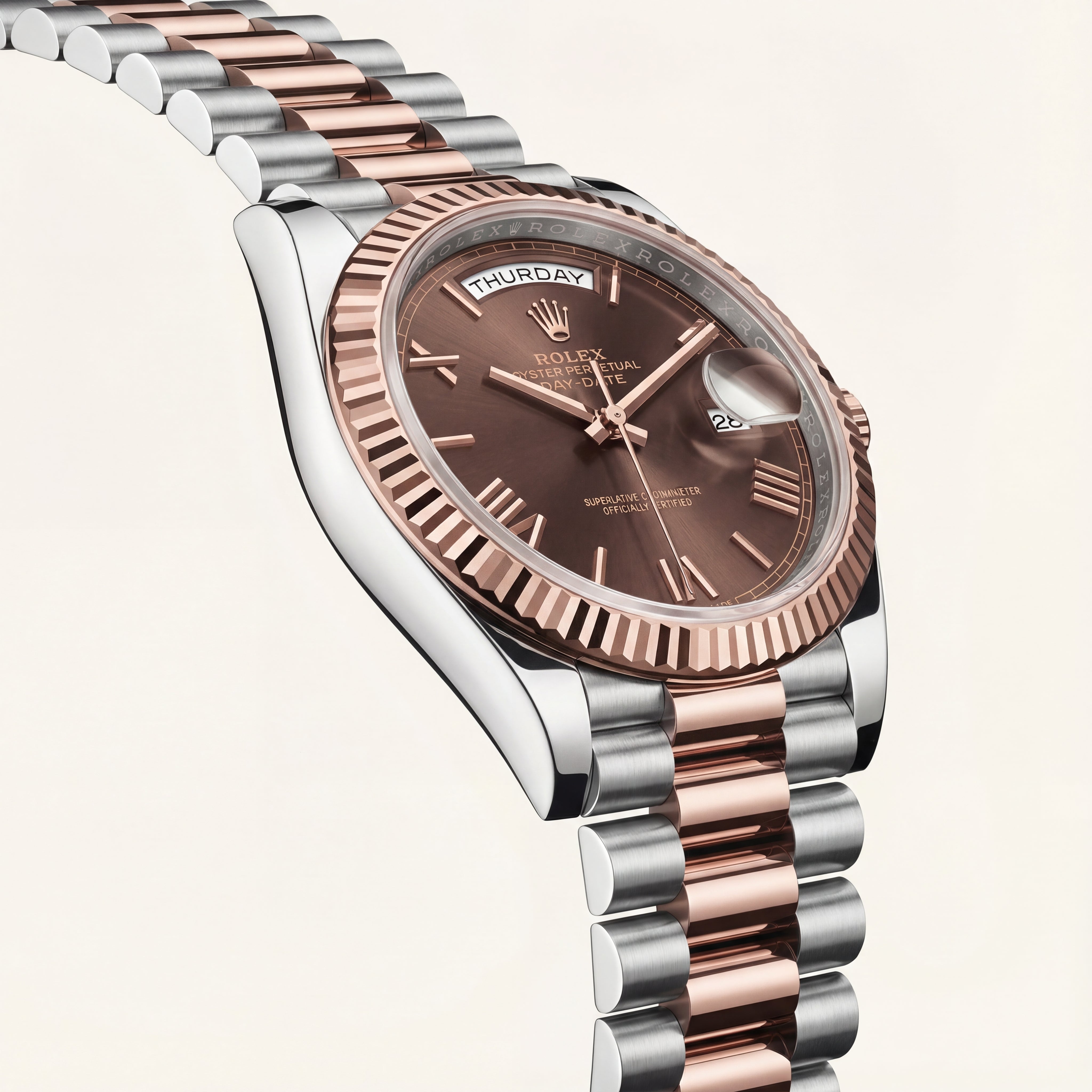 Chocolate Brown Fluted Bezel Day-Date Automatic Steel Watch