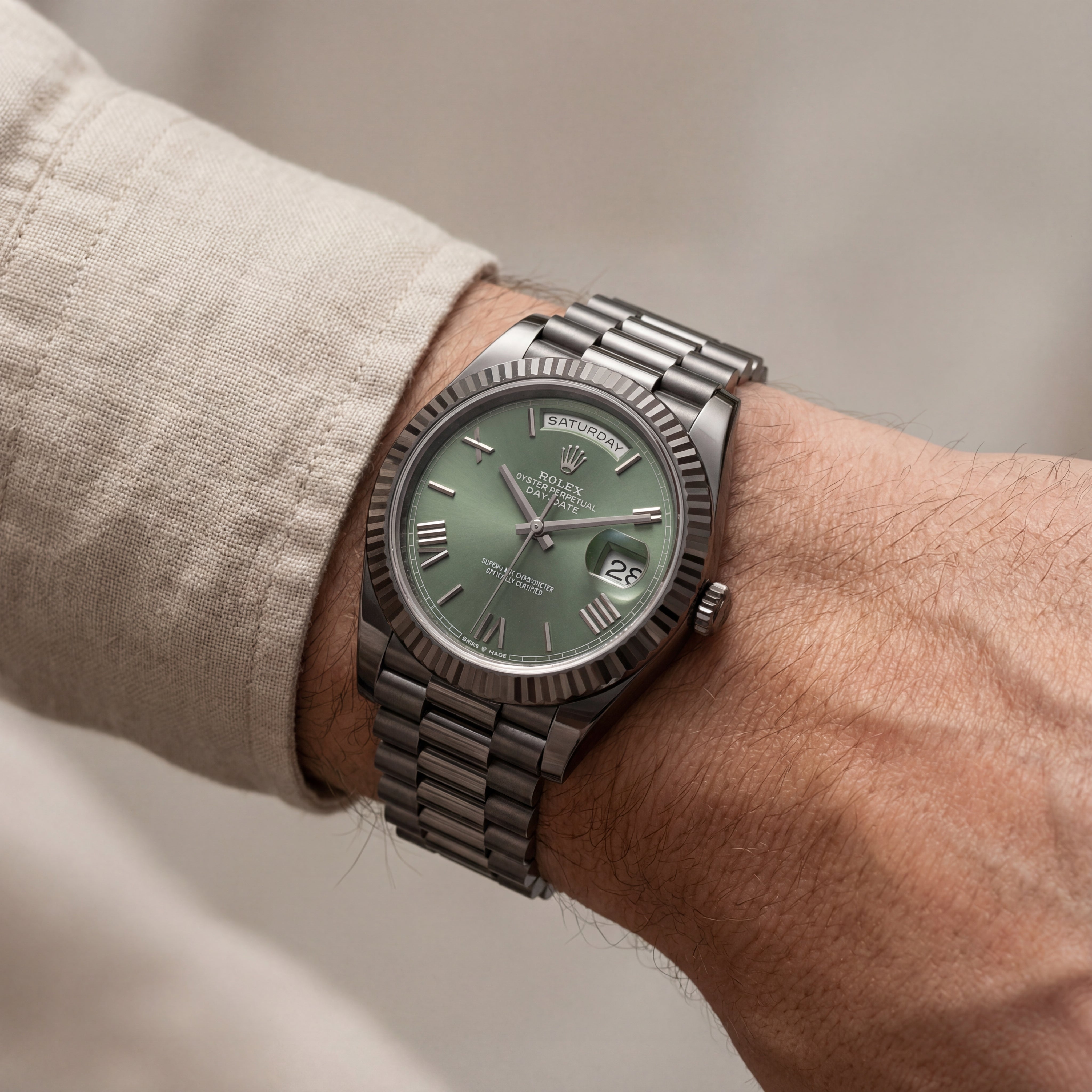 Forest Green Fluted Bezel Day-Date Steel Watch