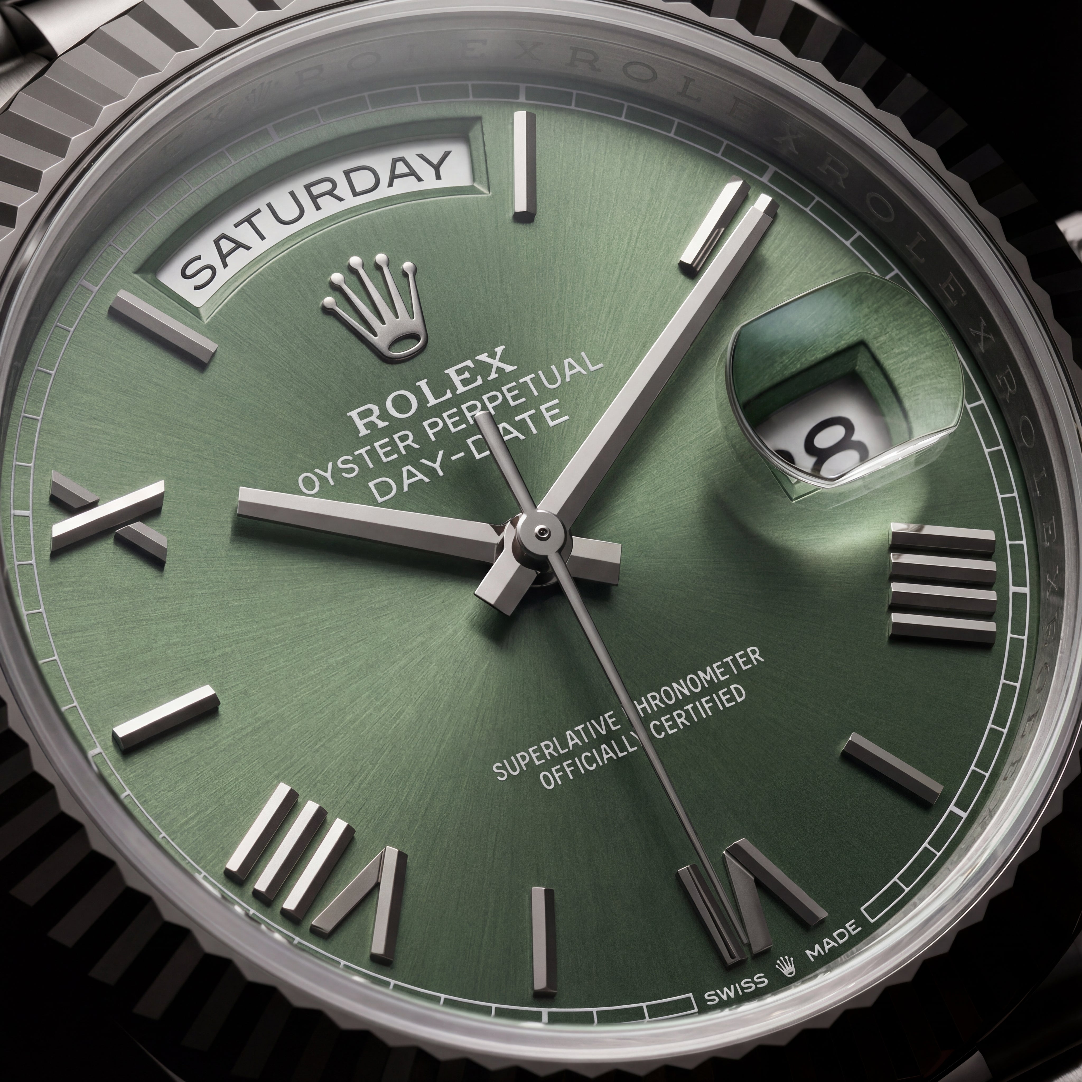 Forest Green Fluted Bezel Day-Date Steel Watch