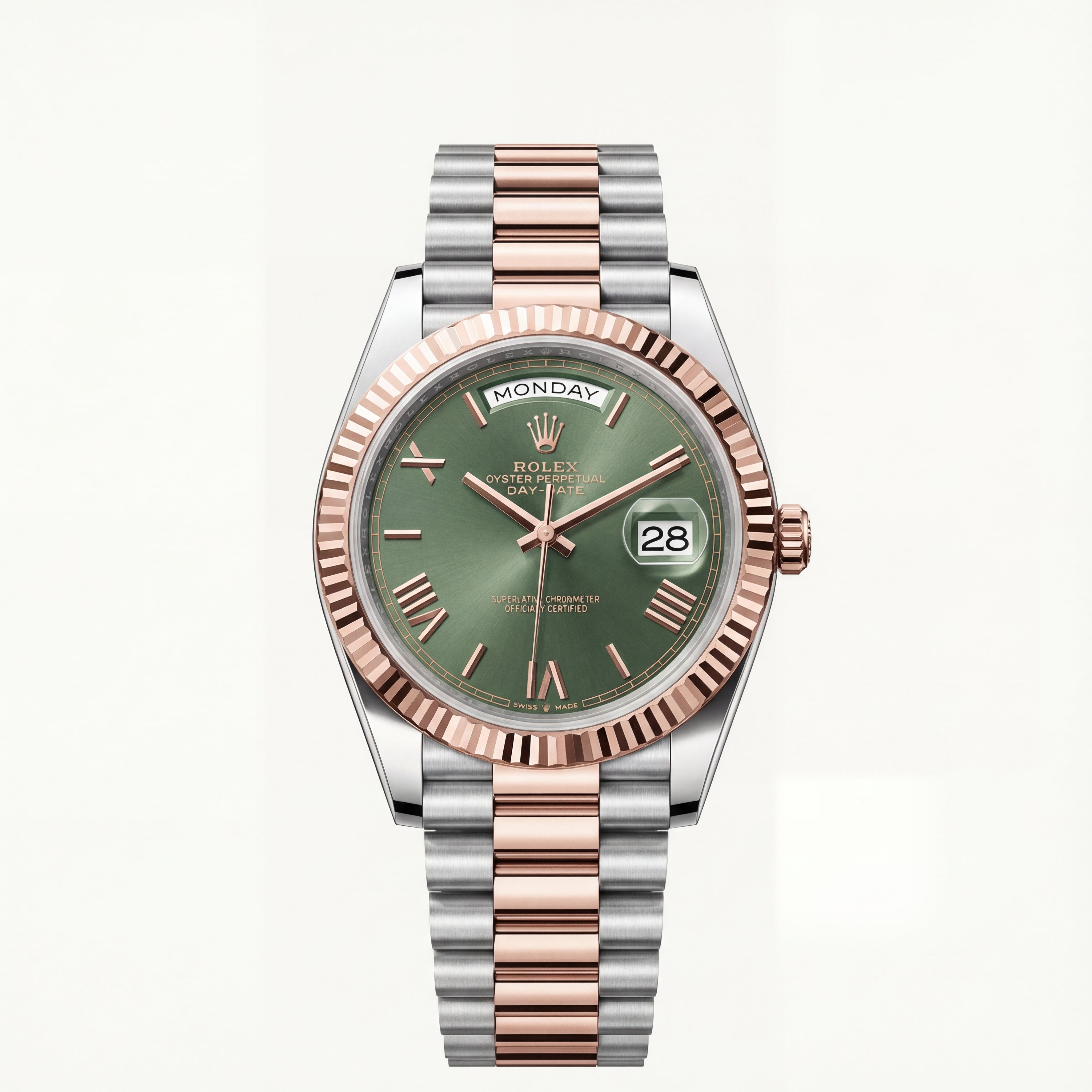 Olive Green Fluted Bezel Day-Date Automatic Steel Watch