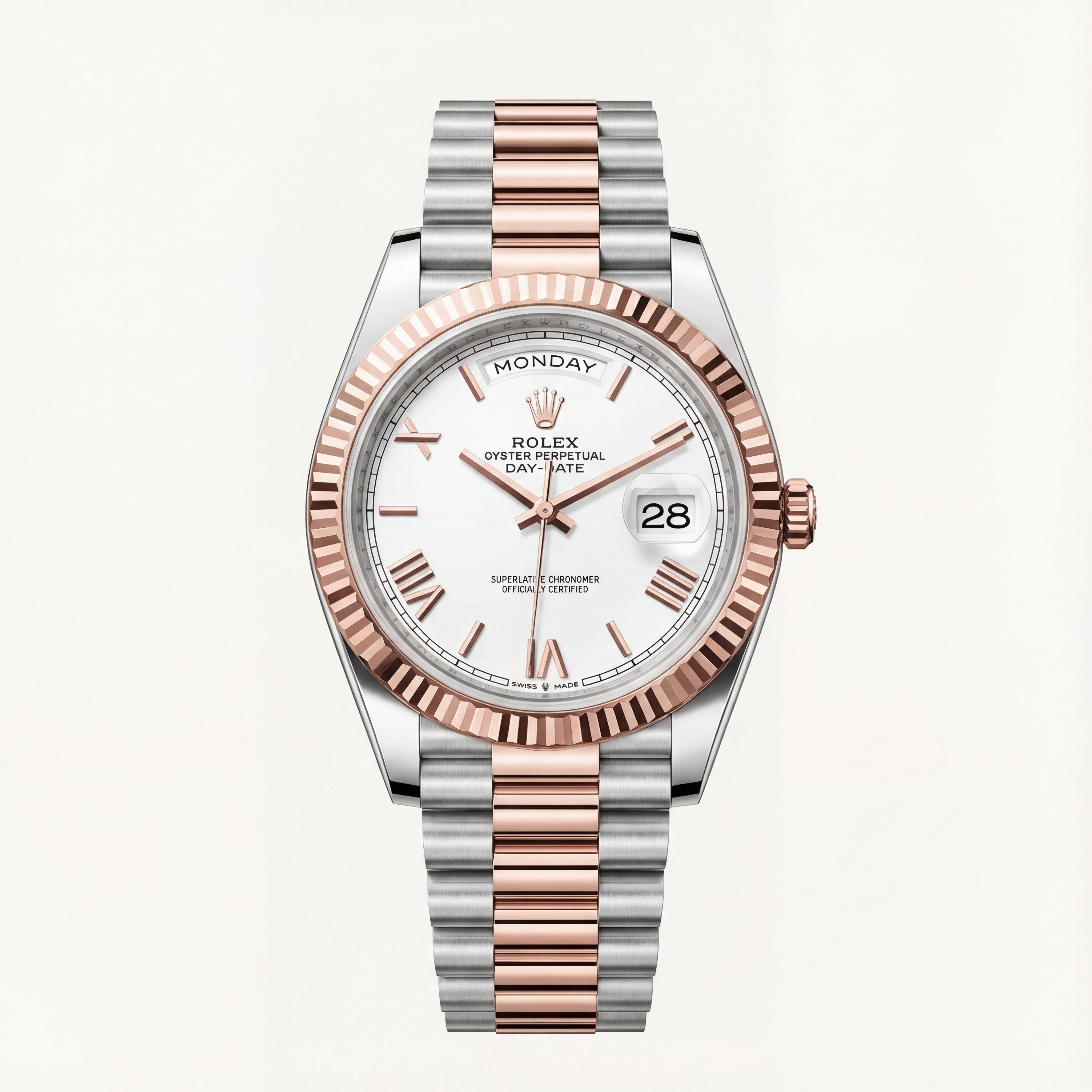 Rose Gold Fluted Bezel Day-Date Automatic Steel Watch