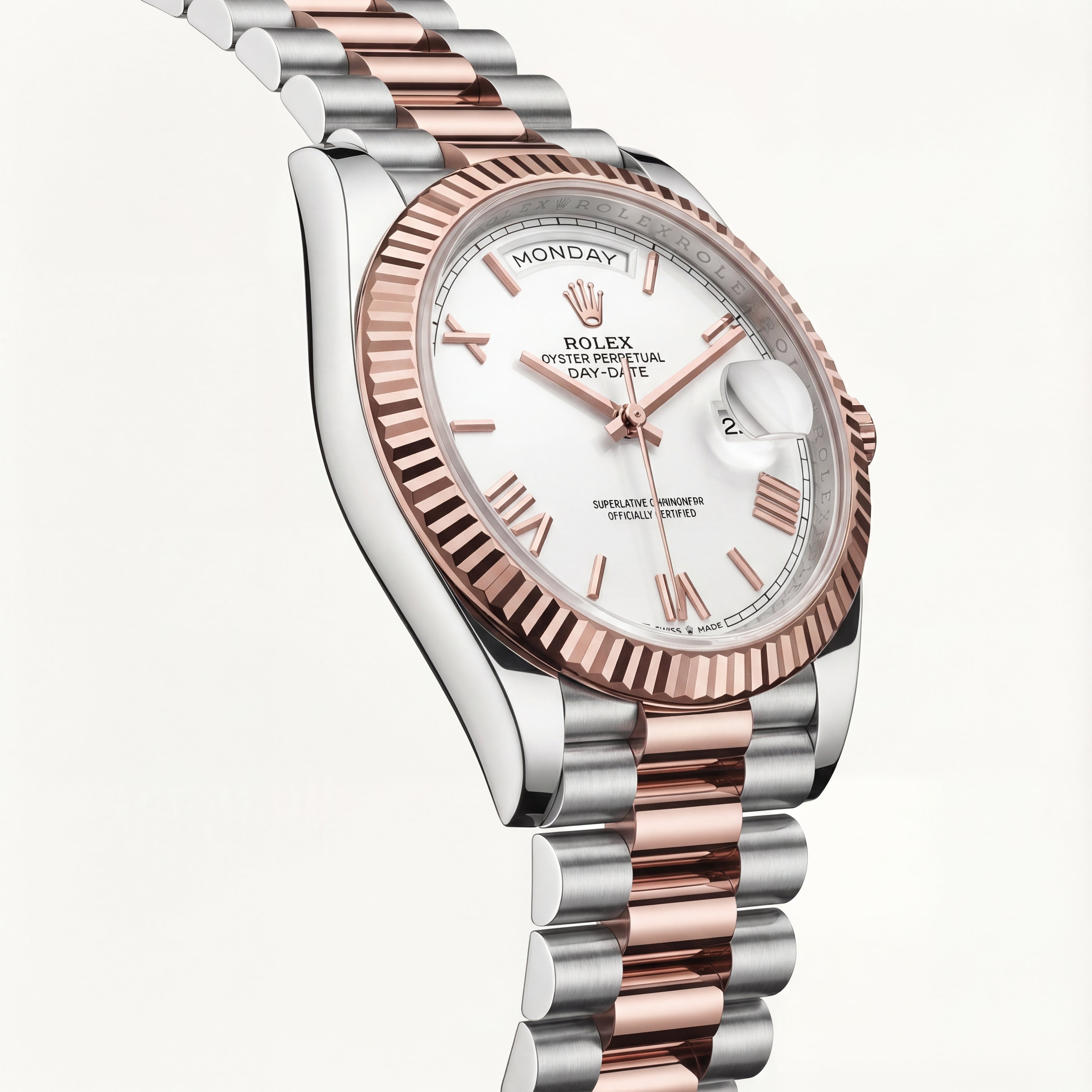 Rose Gold Fluted Bezel Day-Date Automatic Steel Watch