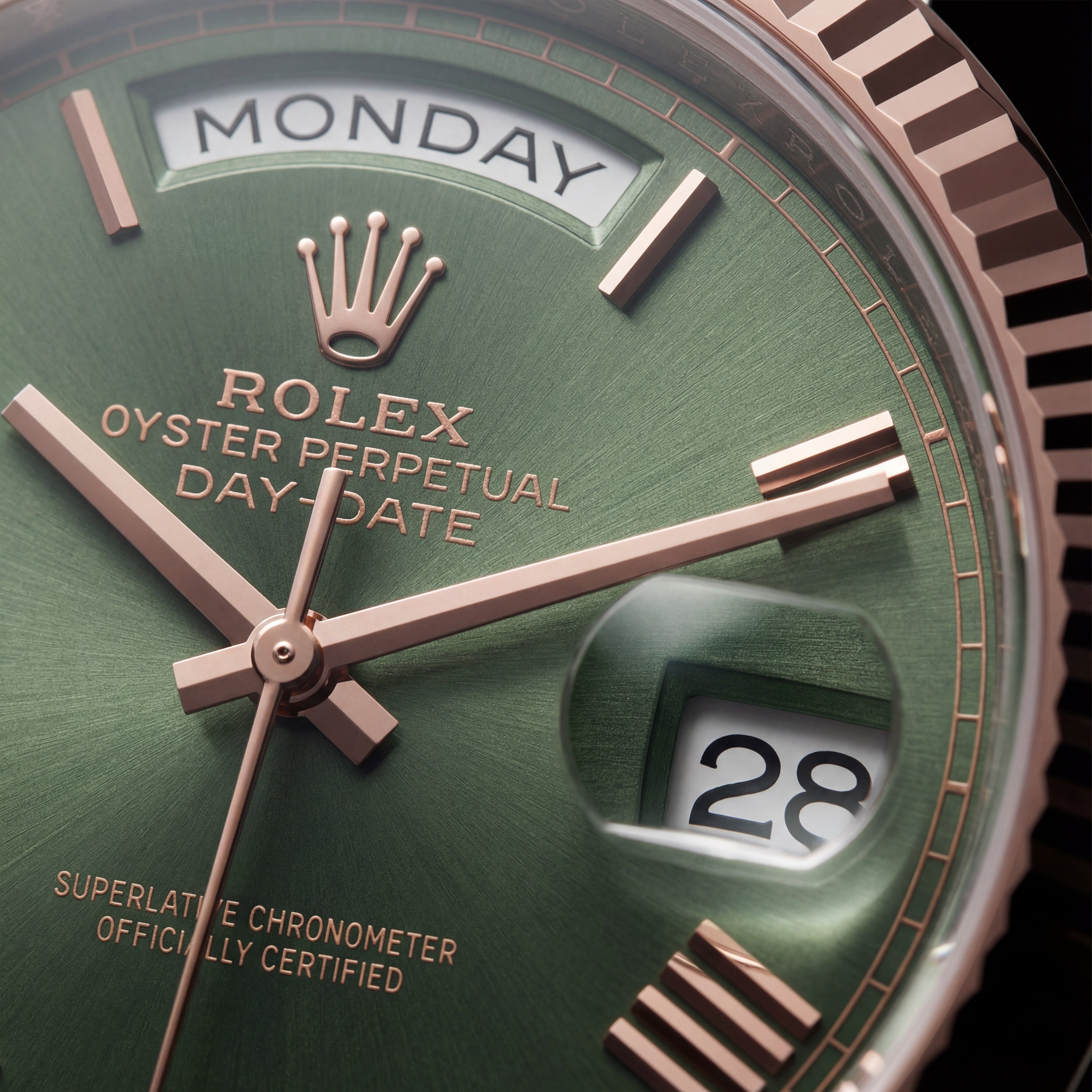 Olive Green Fluted Bezel Day-Date Steel Watch