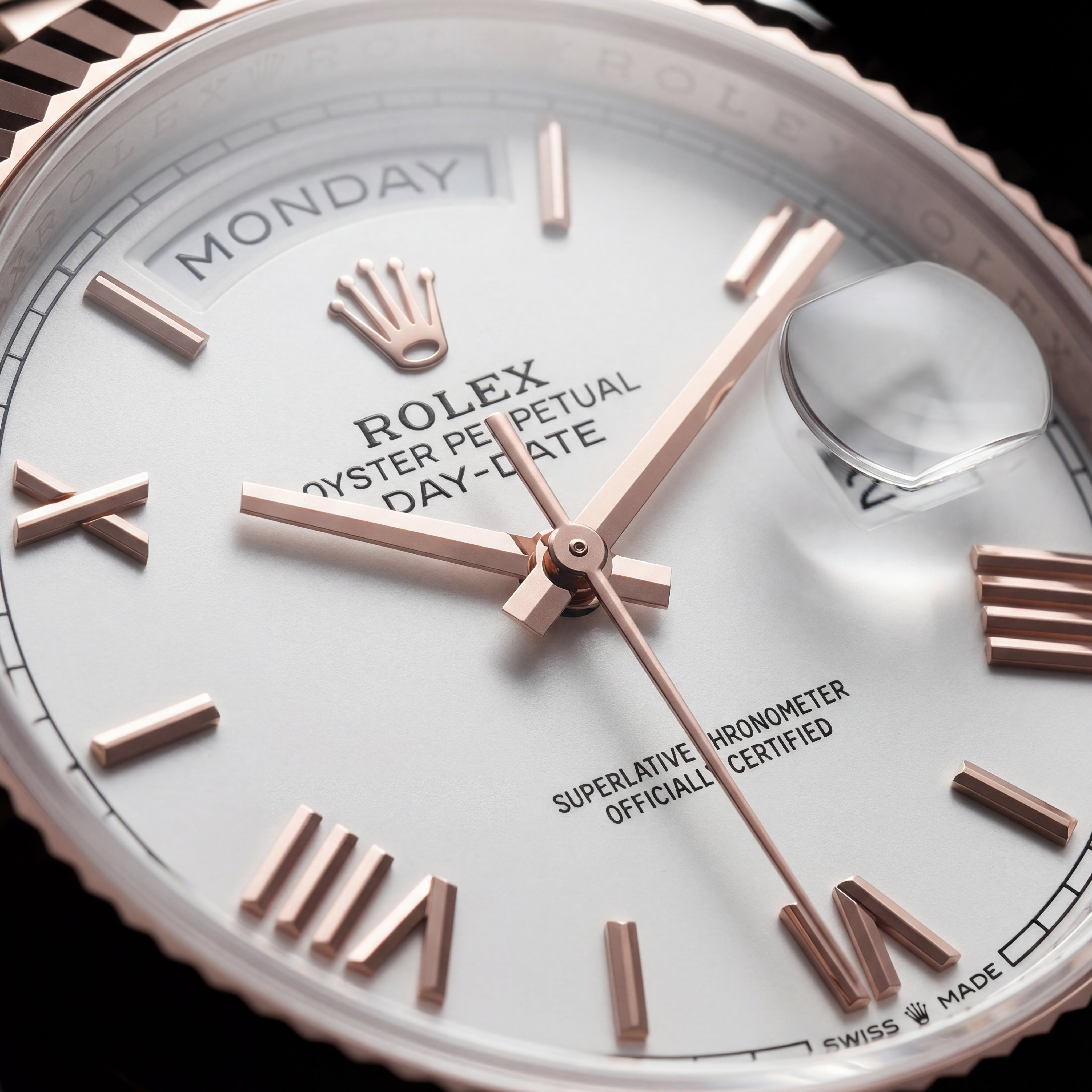 Rose Gold Fluted Bezel Day-Date Steel Watch