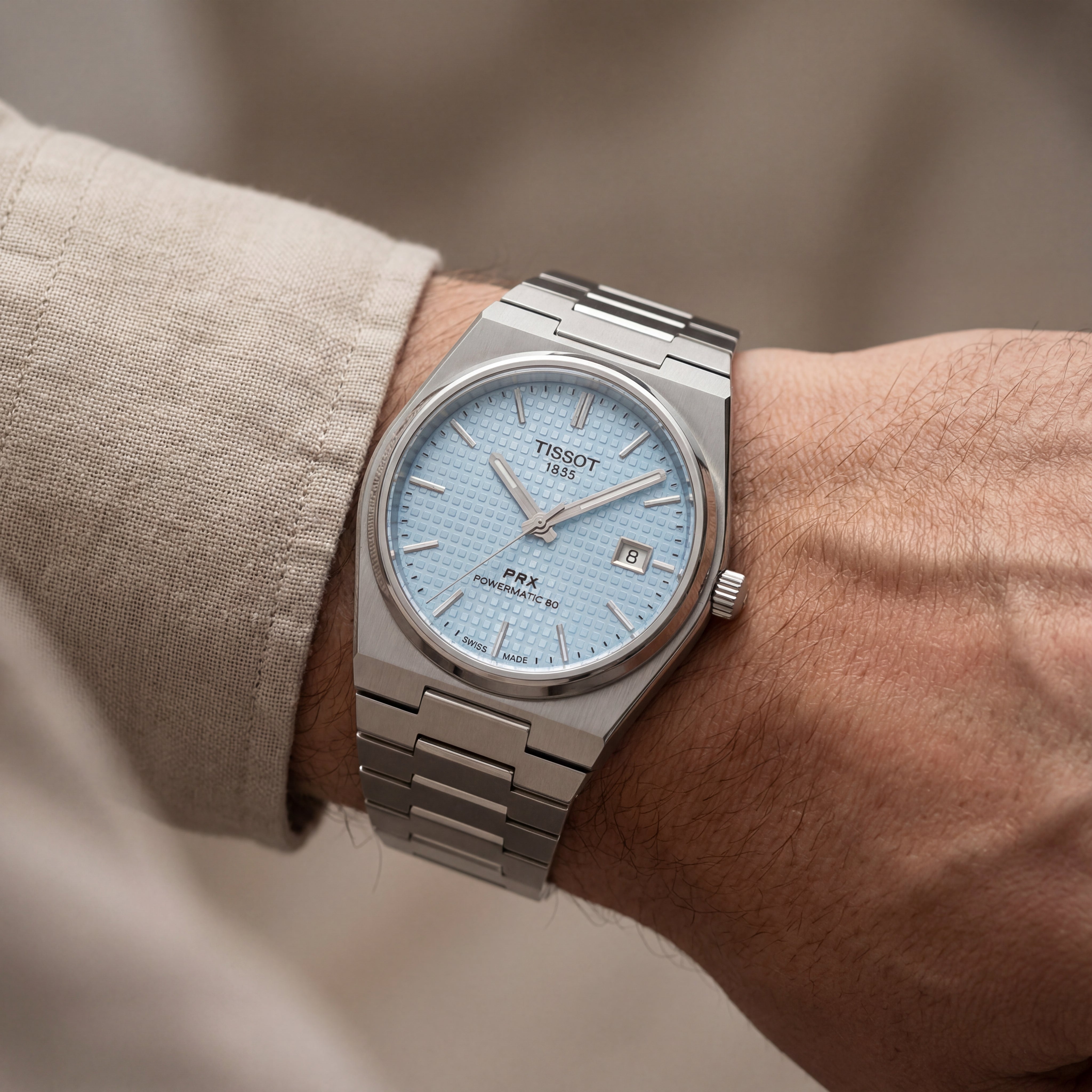 Ice Blue Textured Dial Automatic Steel Watch