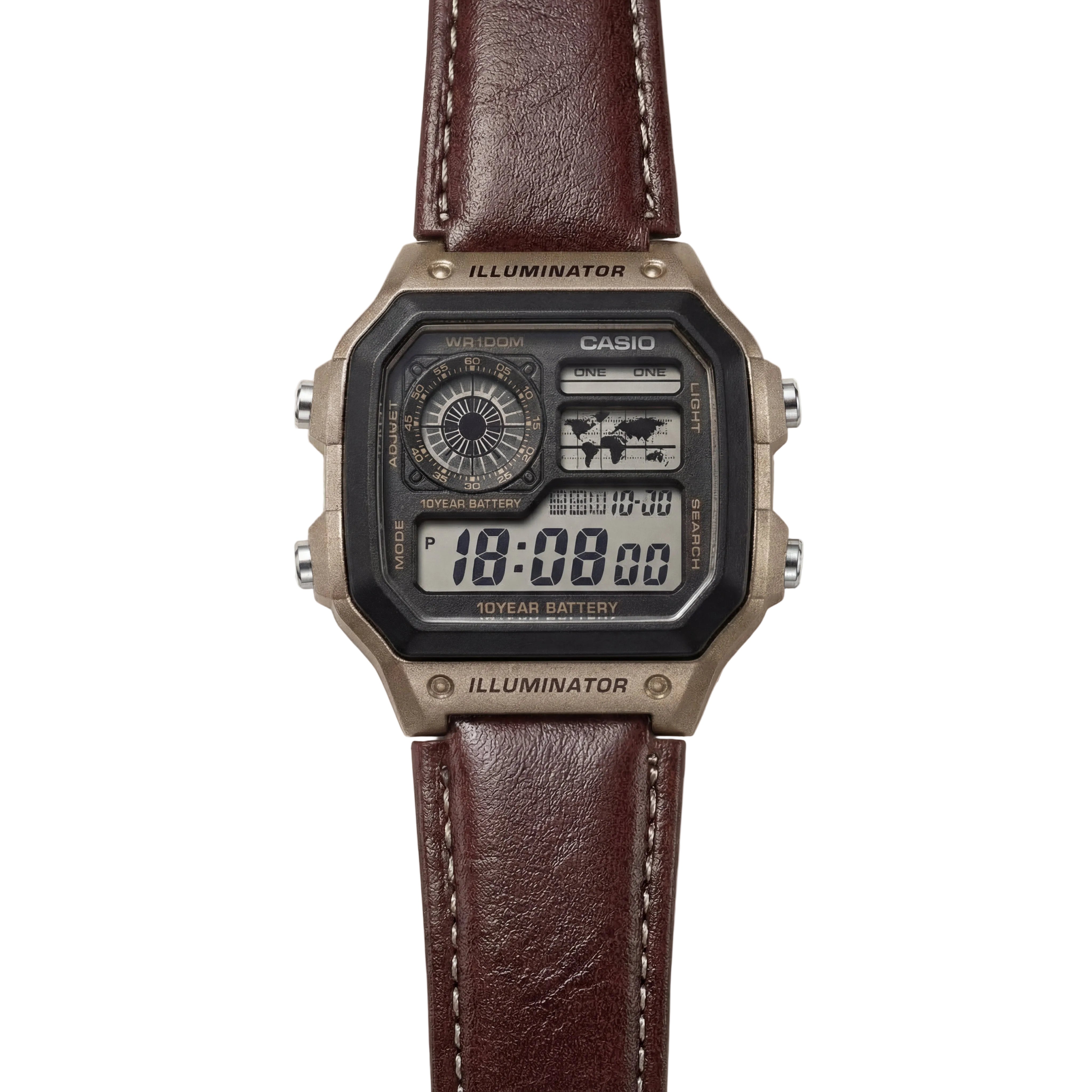 Bronze World Time Digital Leather Watch