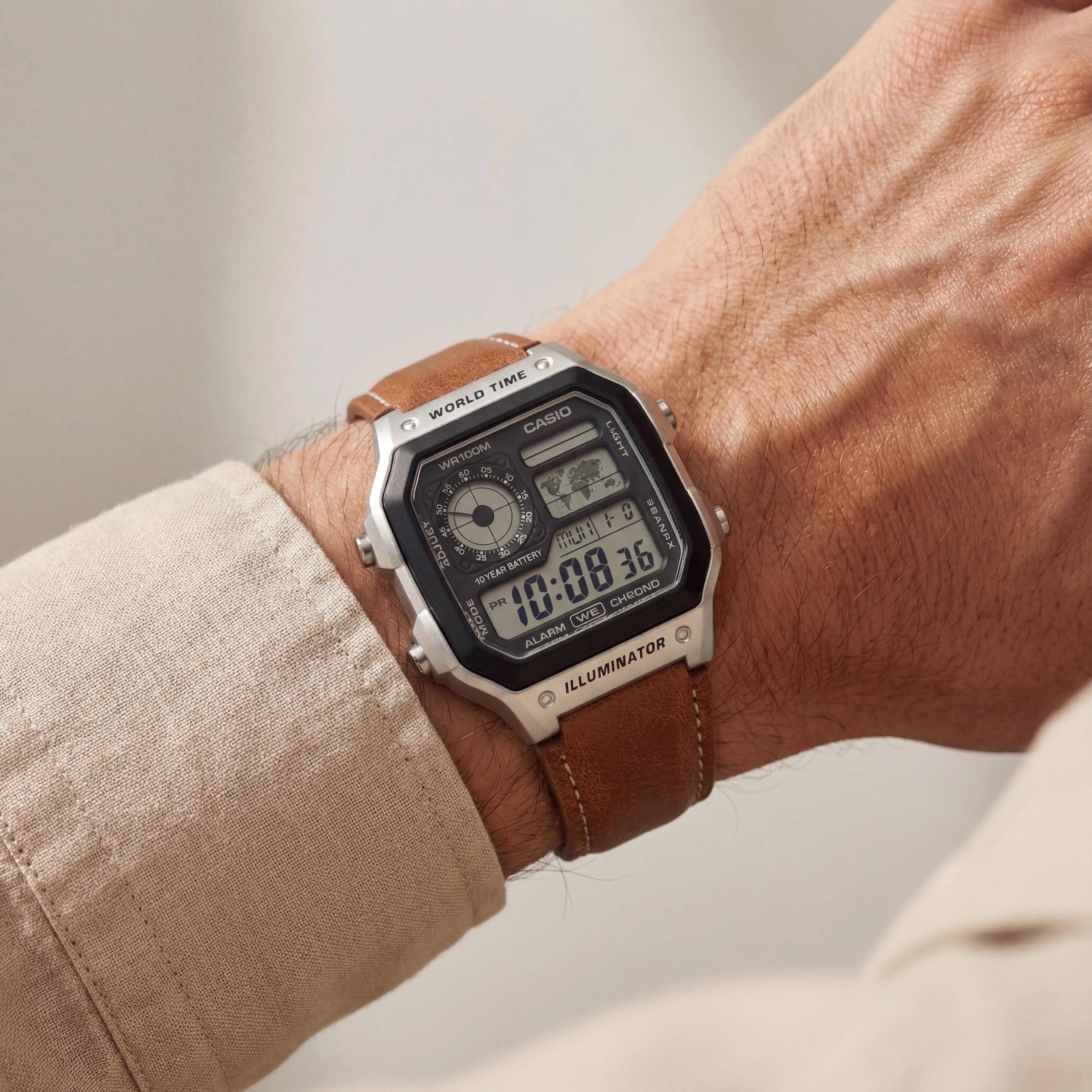 Vintage World Time Digital Leather Watch