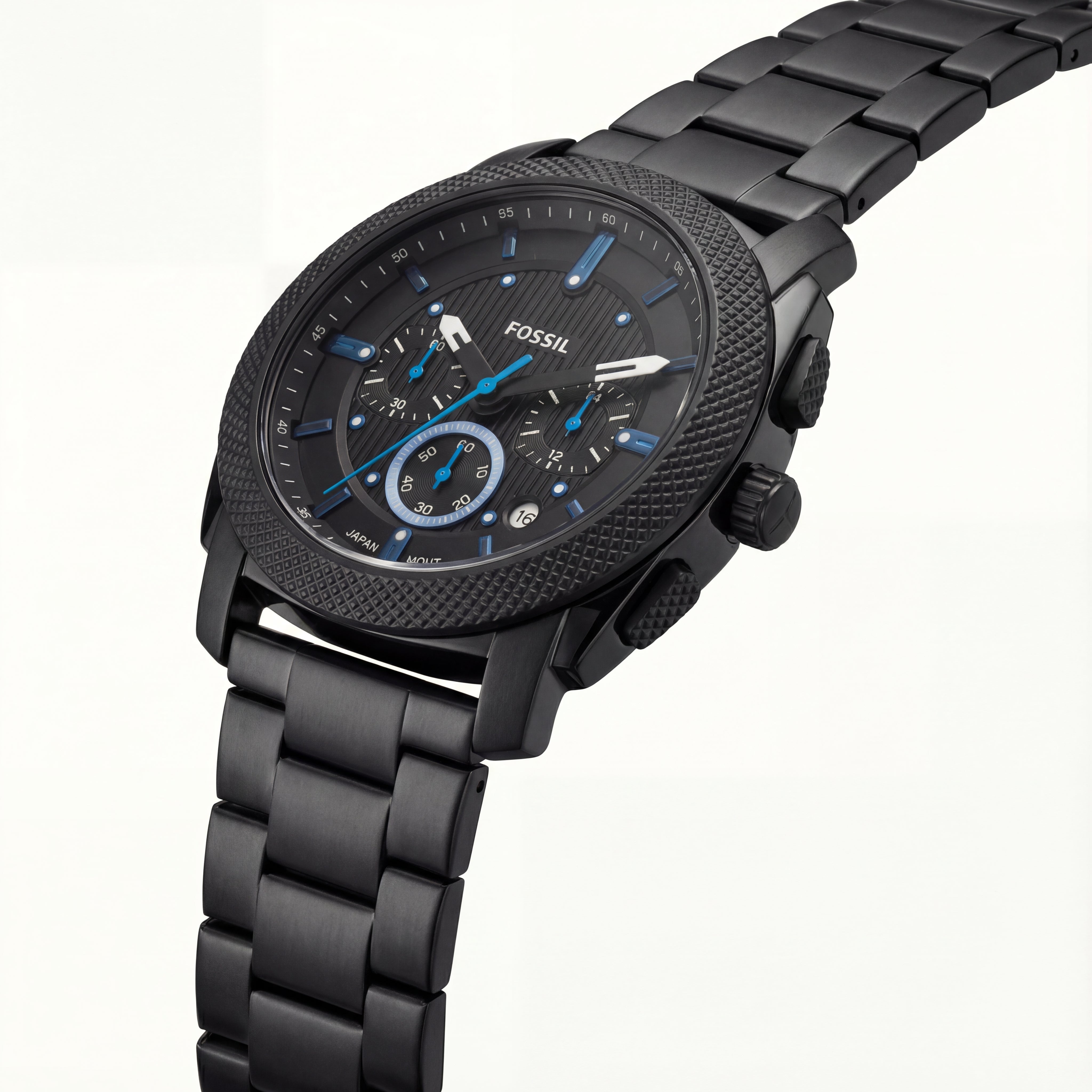 Black Steel Chronograph Watch with Blue Accents for Men