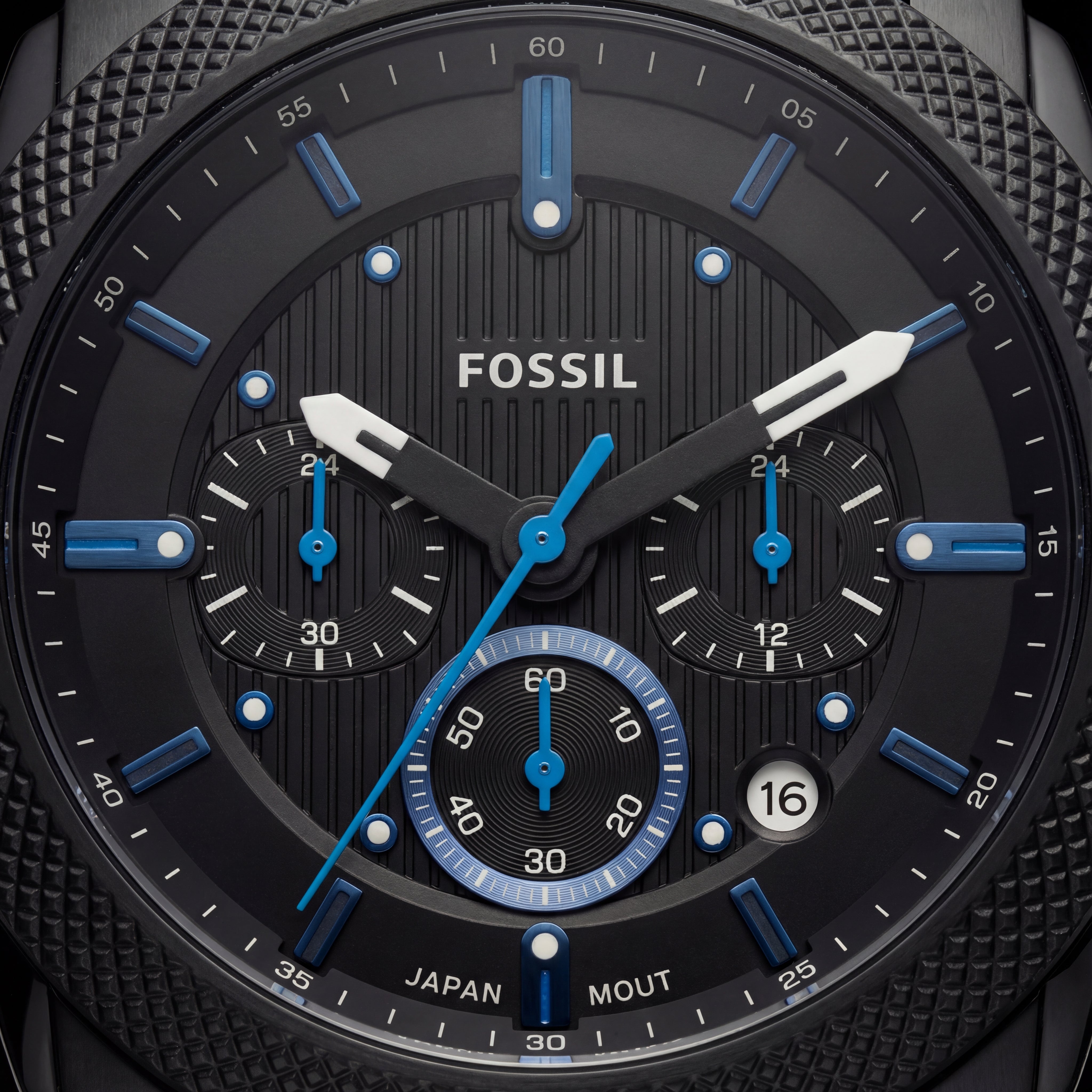 Black Steel Chronograph Watch with Blue Accents for Men