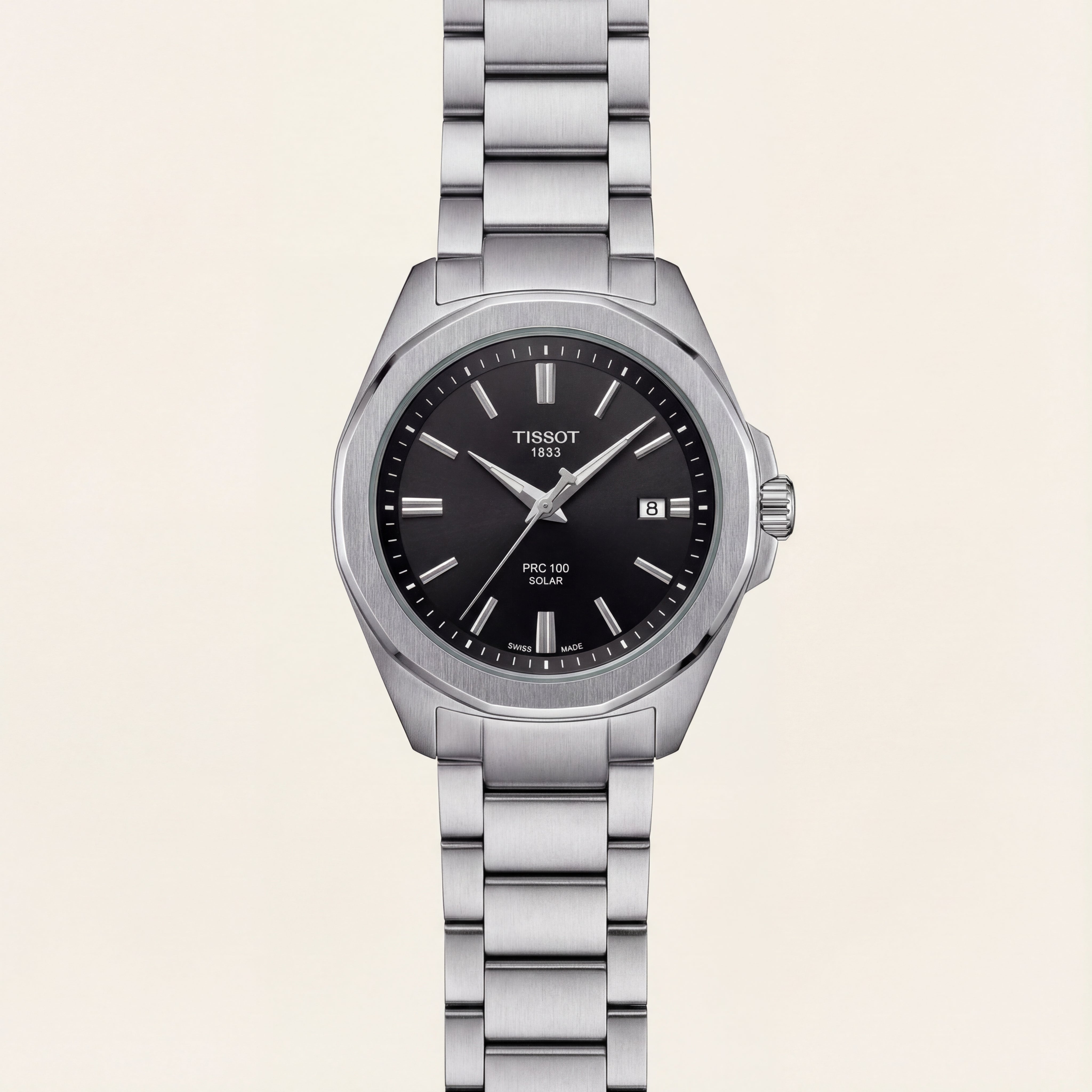 Classic Black Dial Solar Quartz Stainless Steel Watch