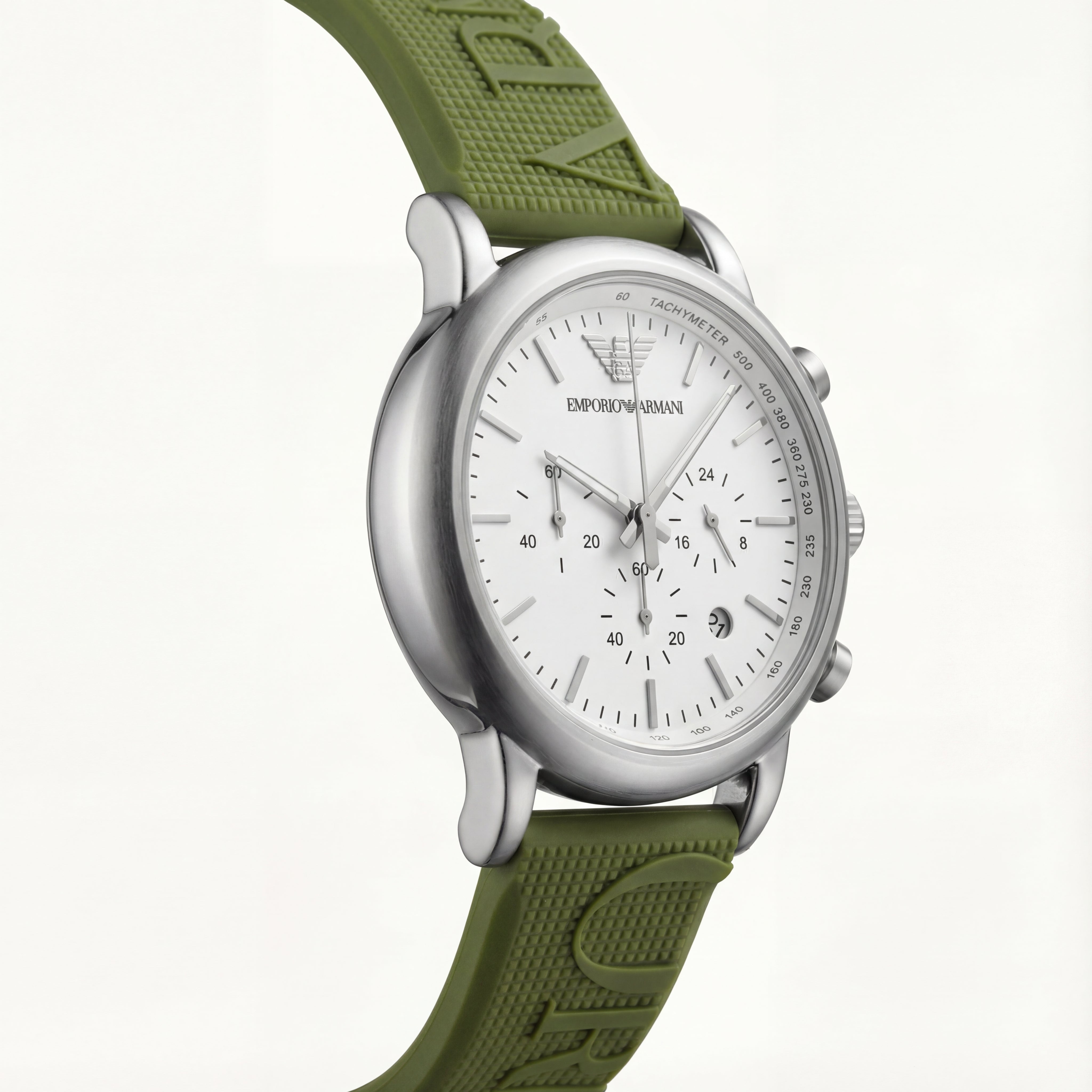 Silver Chronograph Watch for Men with White Dial & Green Strap