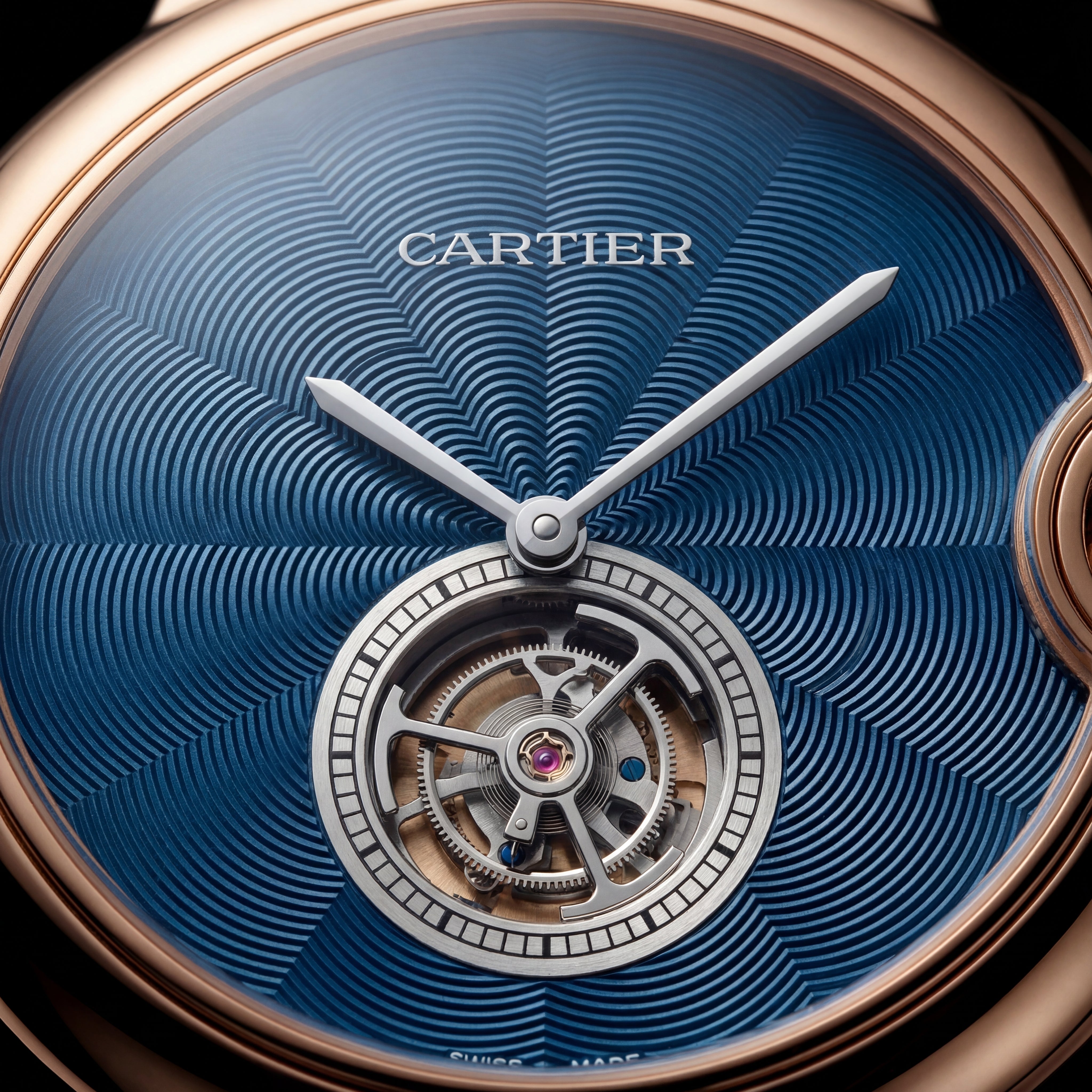 Rose Gold Open Heart Luxury Watch with Blue Textured Dial