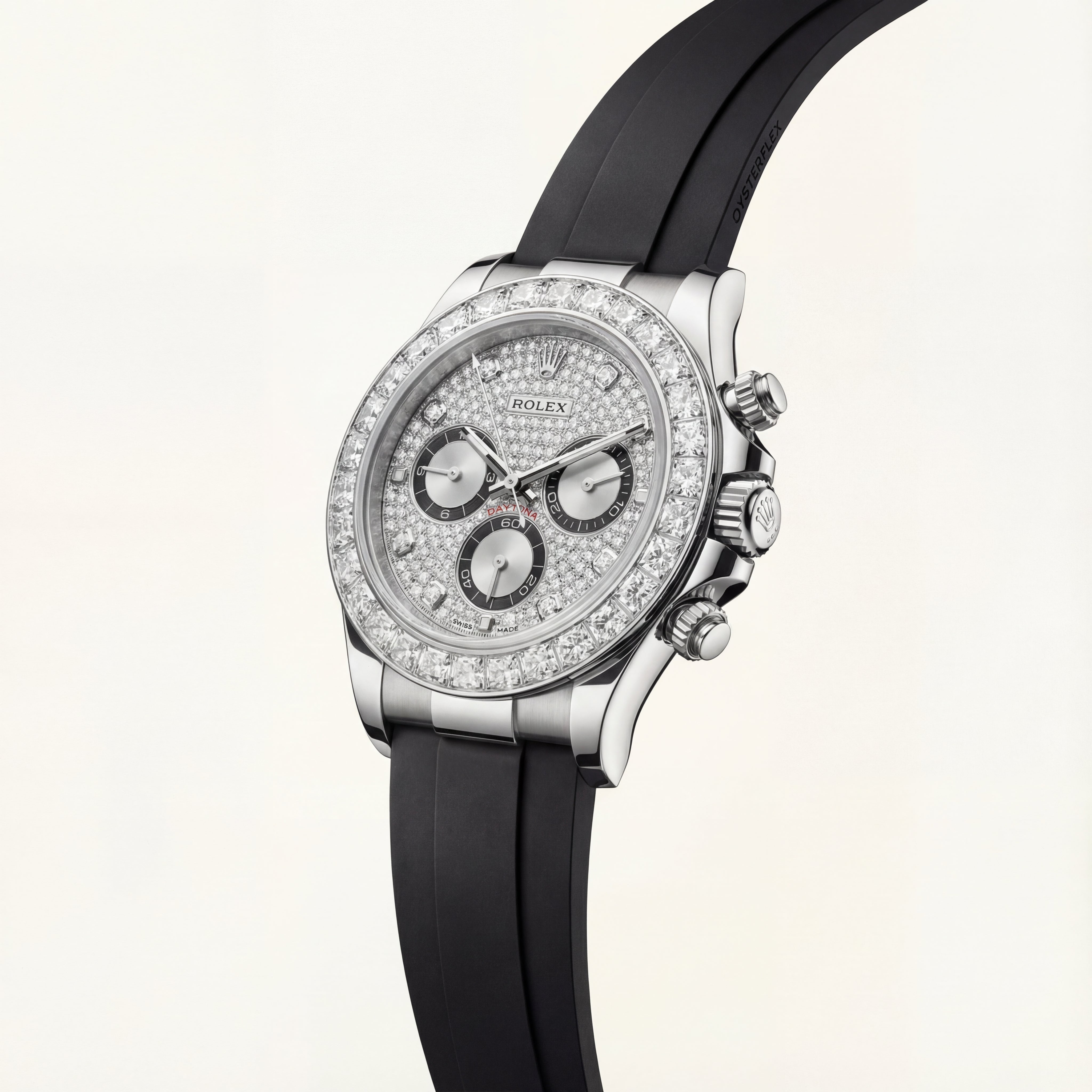 Silver Diamond Bezel Chronograph Watch with Black Rubber Strap