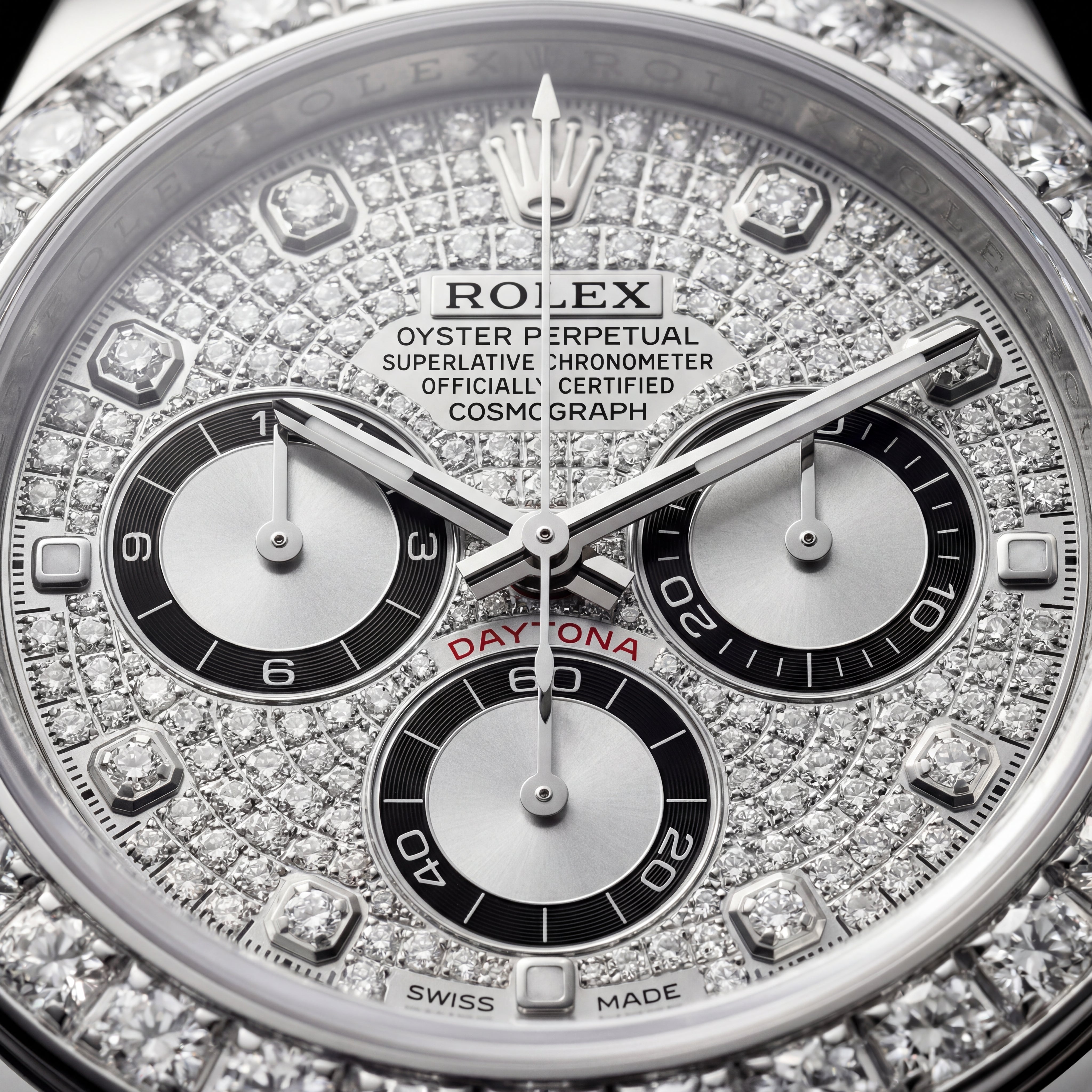 Silver Diamond Bezel Chronograph Watch with Black Rubber Strap