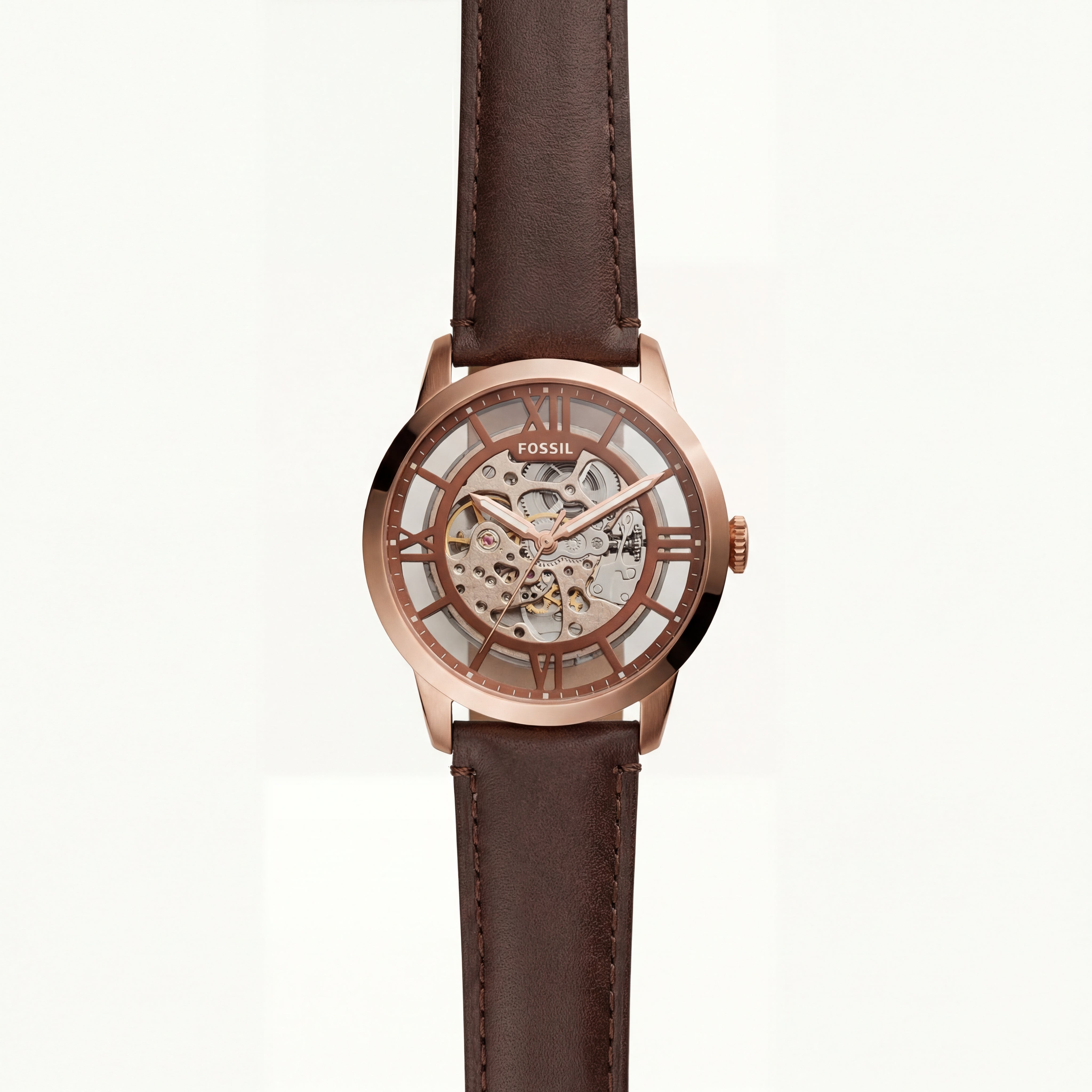 Rose Gold Skeleton Automatic Men’s Watch with Brown Leather Strap