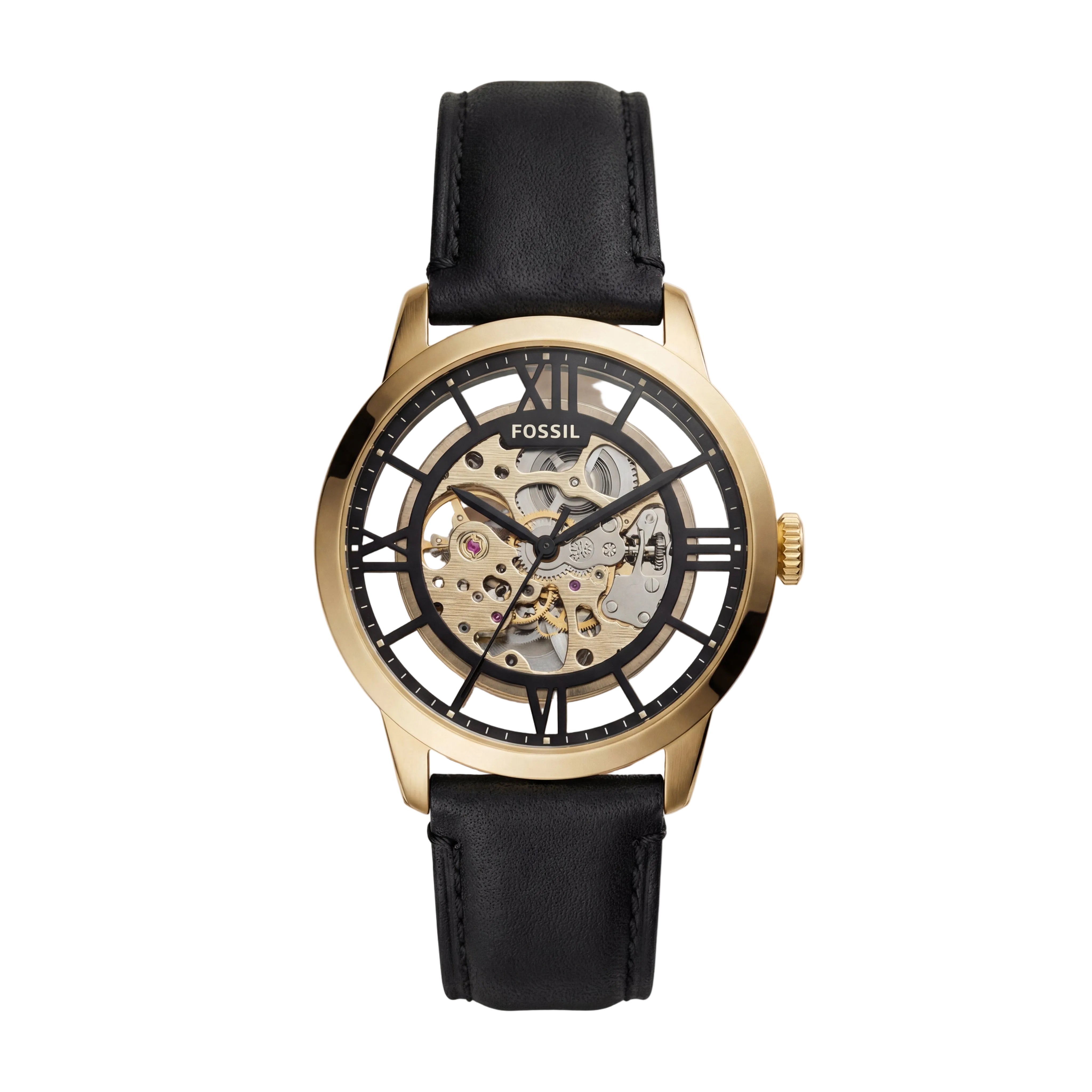 Gold Skeleton Automatic Men’s Watch with Black Leather Strap